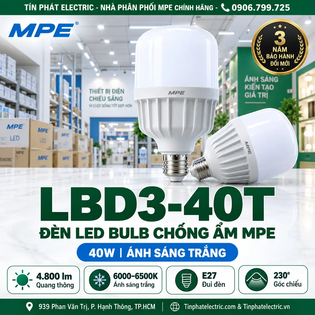 Đèn LED Bulb chống ẩm MPE 40W ánh sáng trắng LBD3-40T
