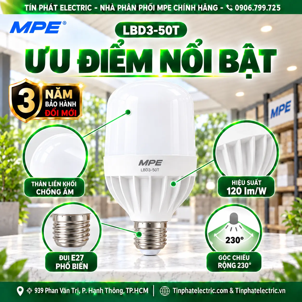 Đèn LED Bulb chống ẩm MPE 50W ánh sáng trắng LBD3-50T