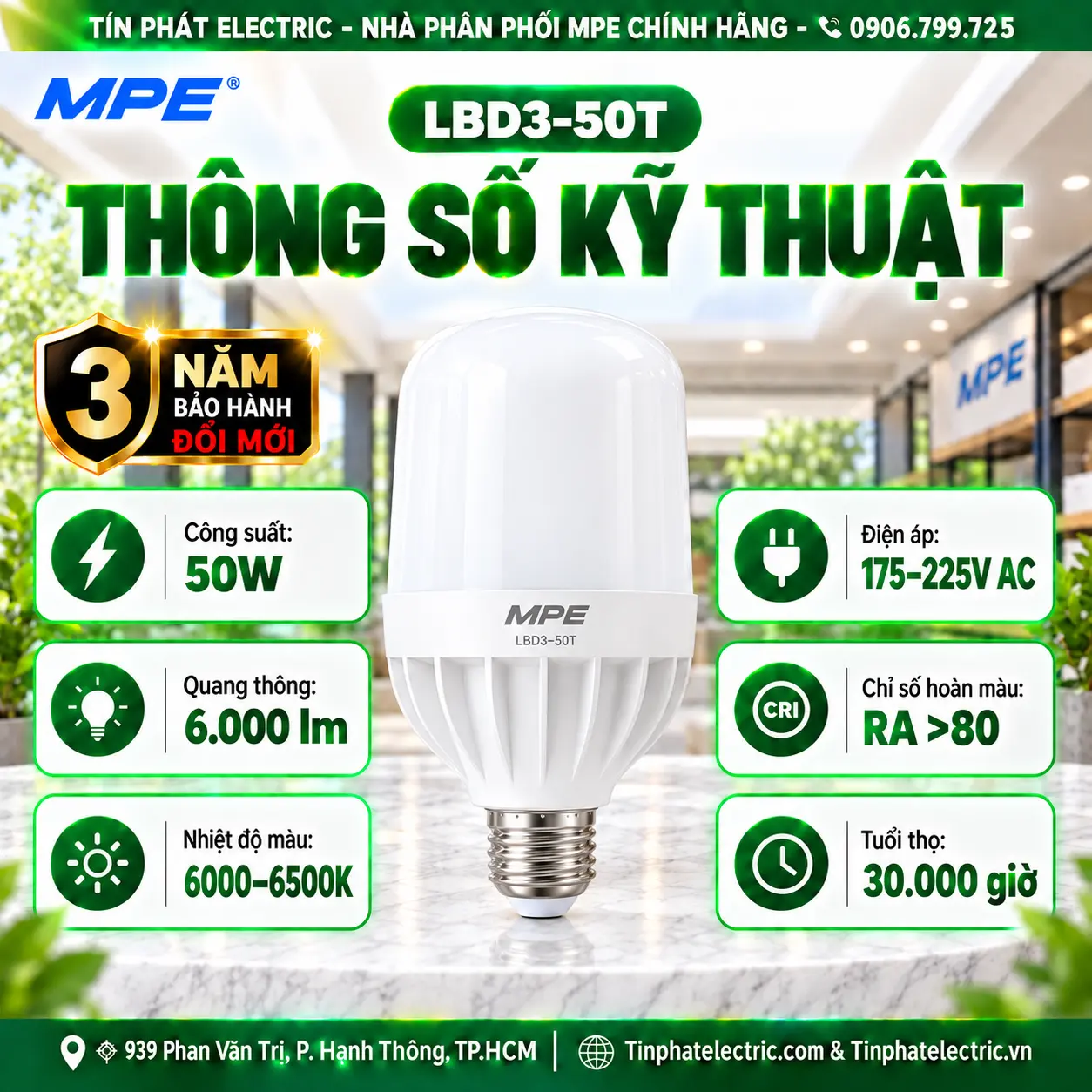 Đèn LED Bulb chống ẩm MPE 50W ánh sáng trắng LBD3-50T