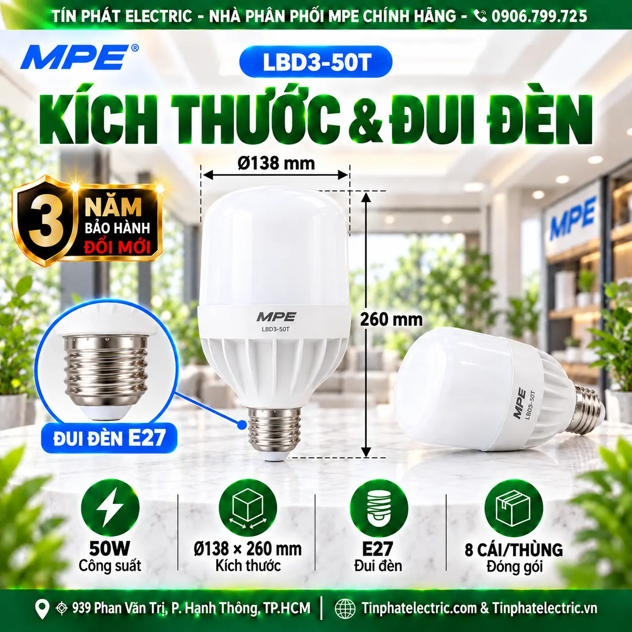 Đèn LED Bulb chống ẩm MPE 50W ánh sáng trắng LBD3-50T