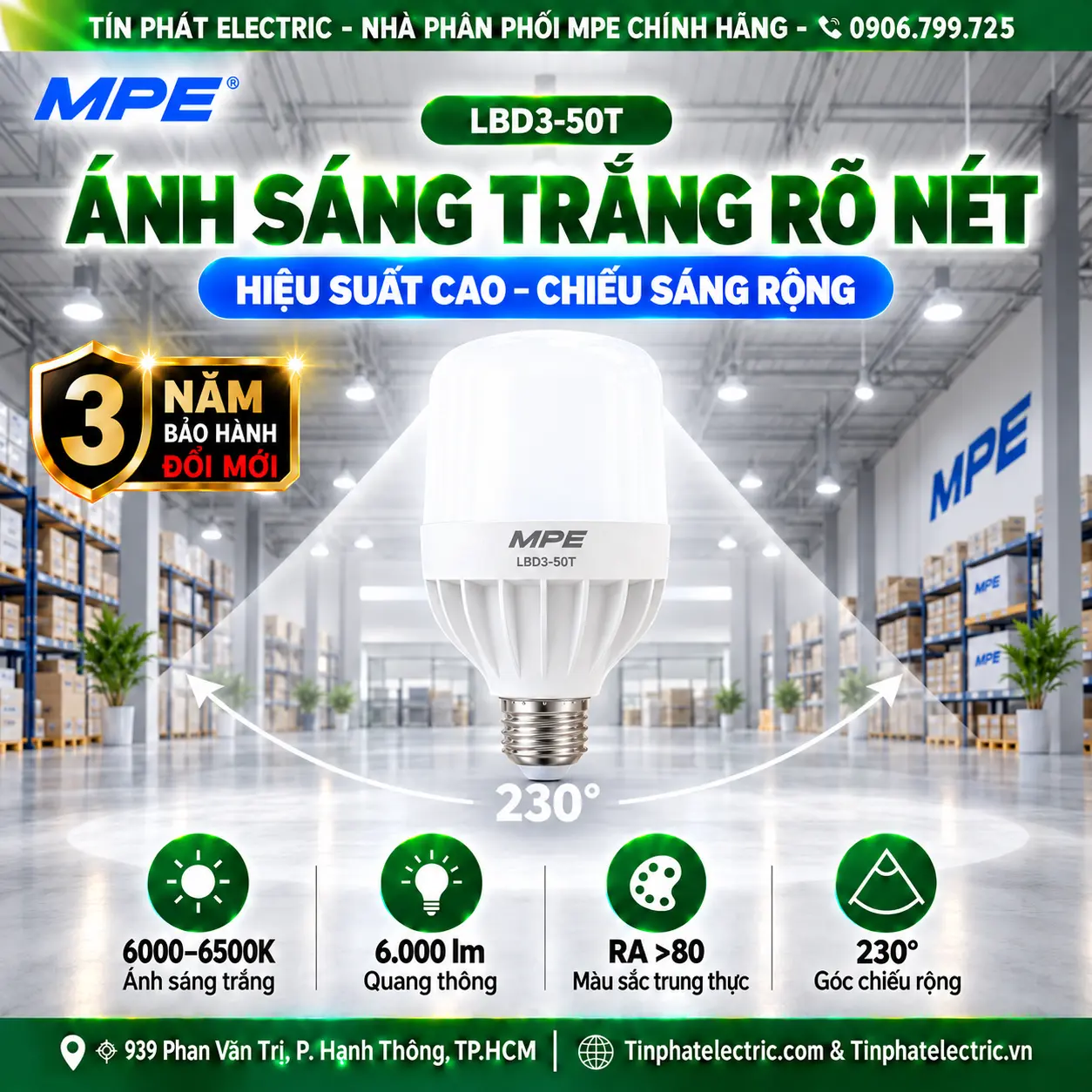 Đèn LED Bulb chống ẩm MPE 50W ánh sáng trắng LBD3-50T