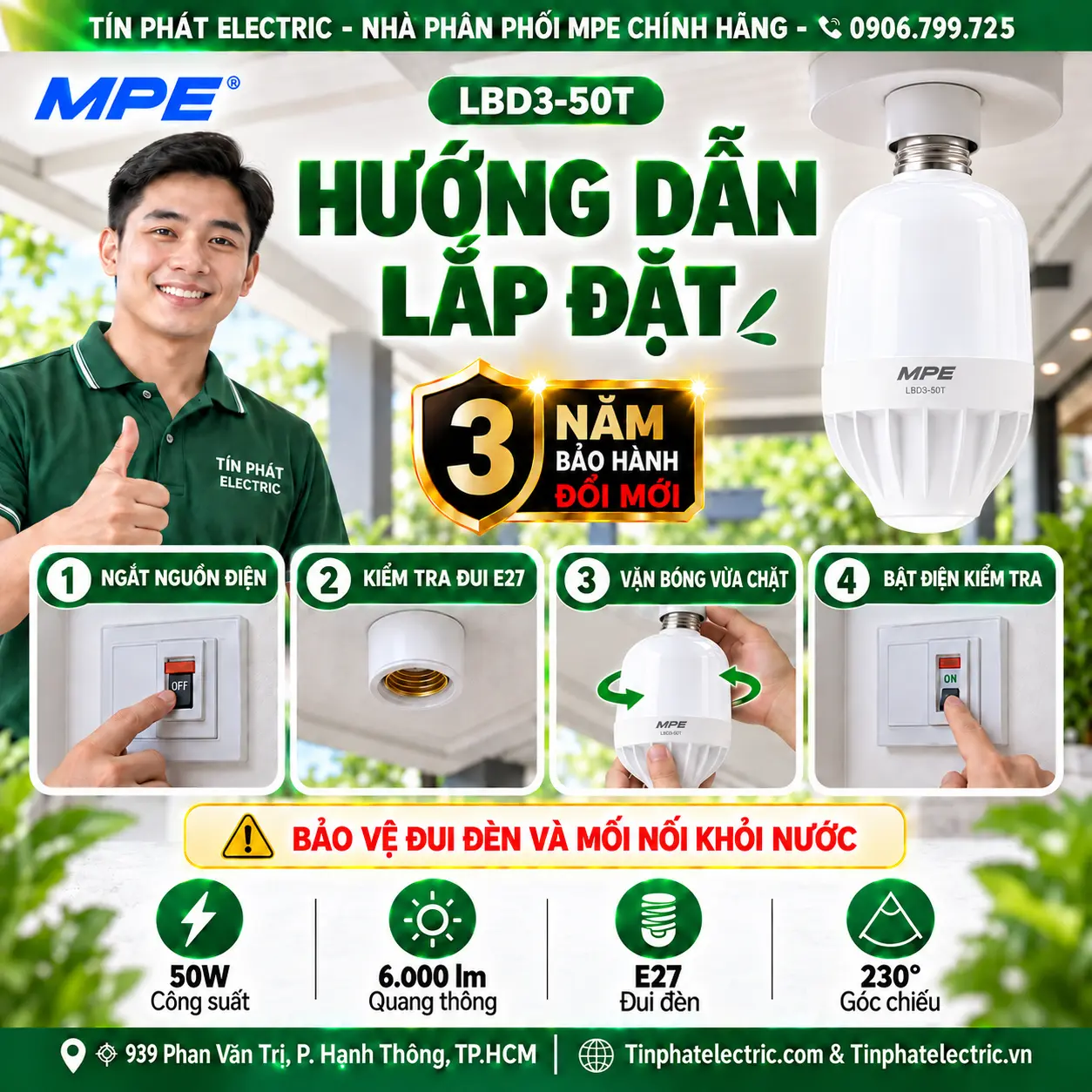 Đèn LED Bulb chống ẩm MPE 50W ánh sáng trắng LBD3-50T