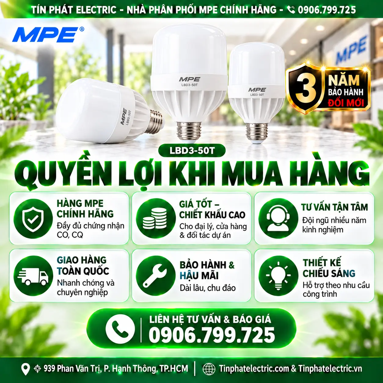 Đèn LED Bulb chống ẩm MPE 50W ánh sáng trắng LBD3-50T