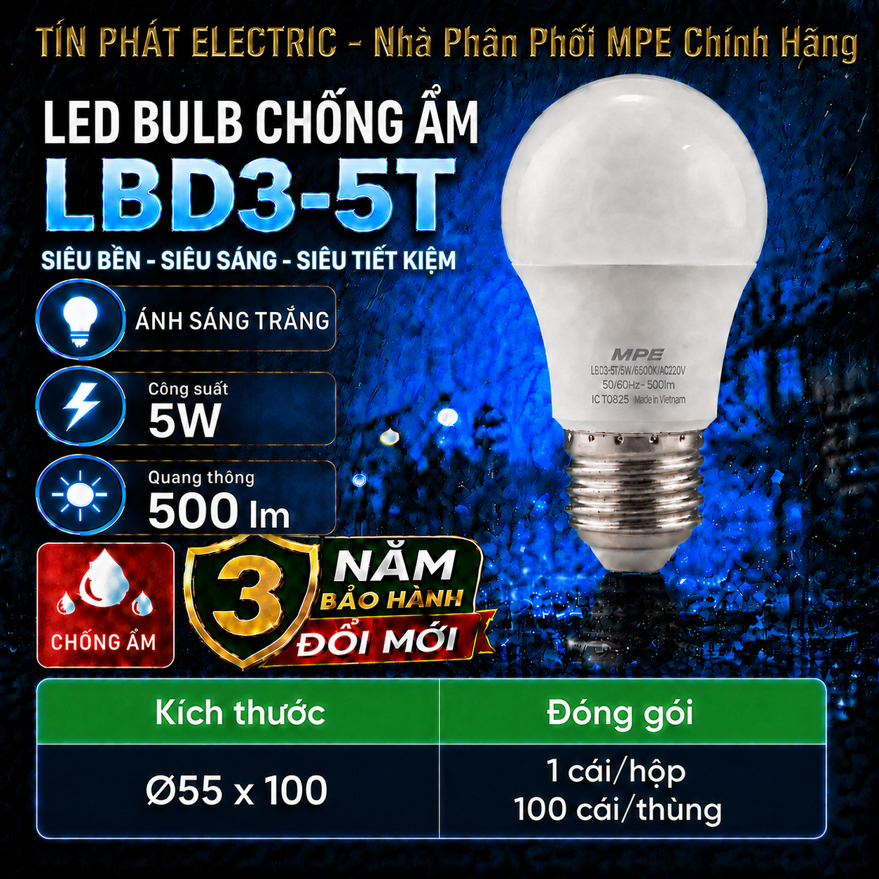 Đèn LED Bulb chống ẩm MPE 5W ánh sáng trắng LBD3-5T