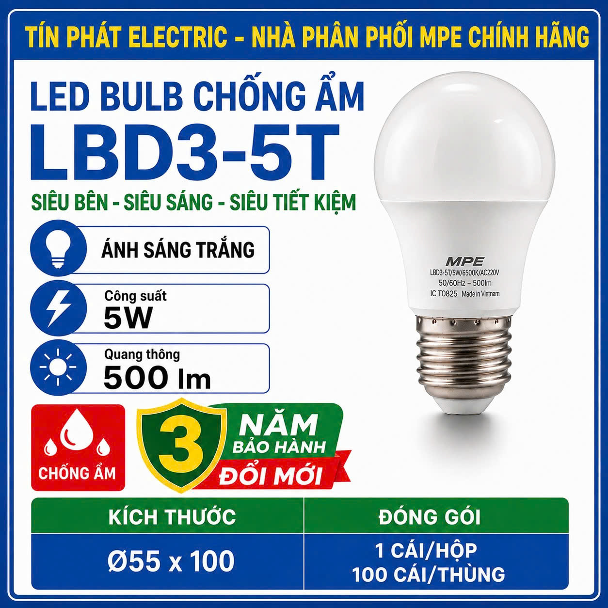 Đèn LED Bulb chống ẩm MPE 5W ánh sáng trắng LBD3-5T