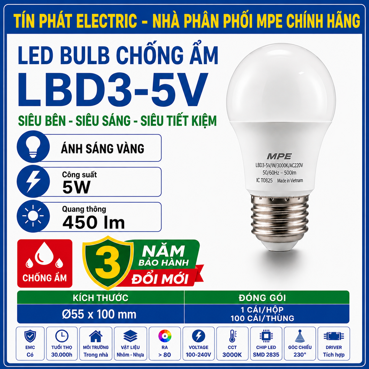 Đèn LED Bulb chống ẩm MPE 5W ánh sáng vàng LBD3-5V