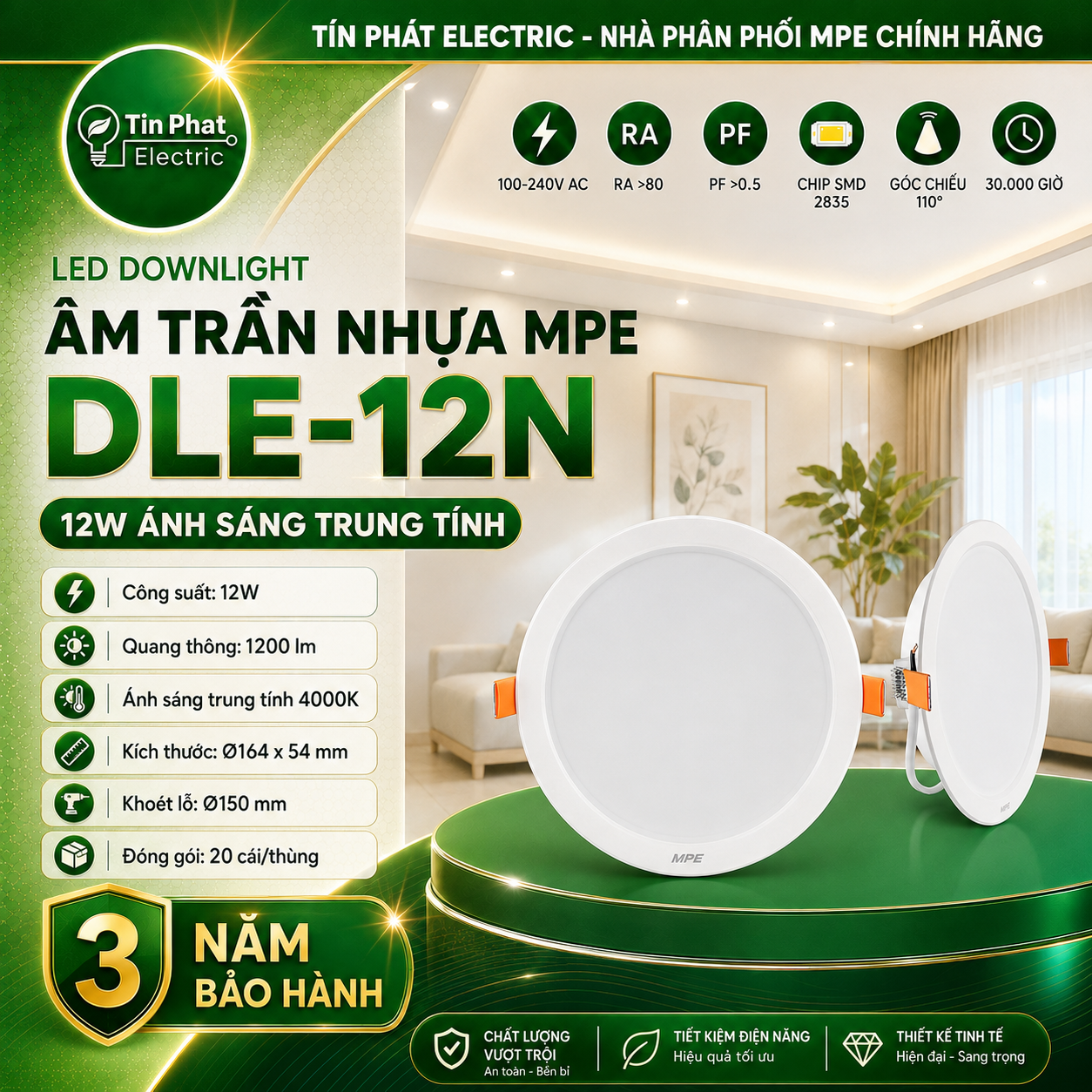 Đèn LED Downlight âm trần nhựa MPE 12W ánh sáng trung tính DLE-12N