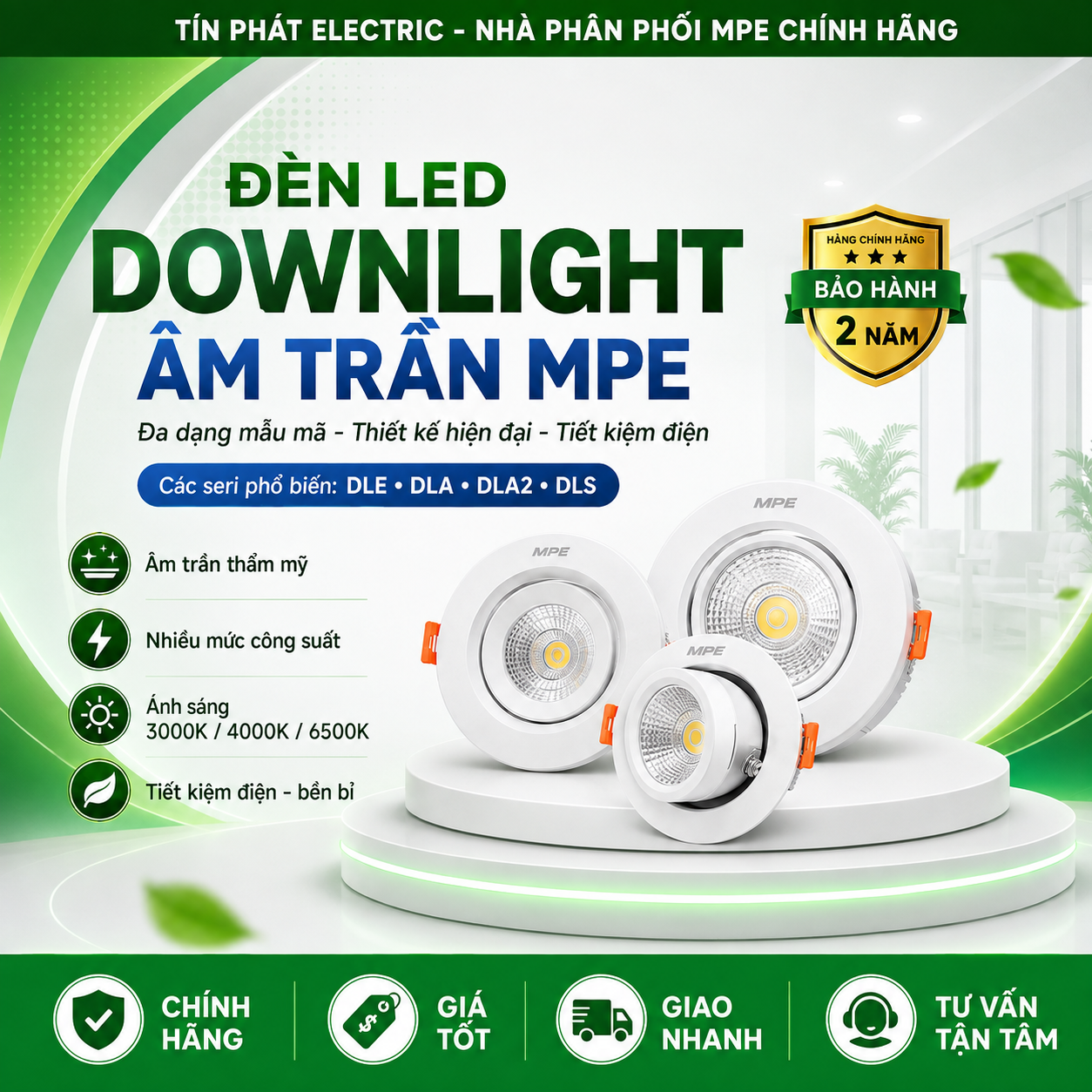 Đèn LED Downlight âm trần nhựa MPE 12W ánh sáng trung tính DLE-12N
