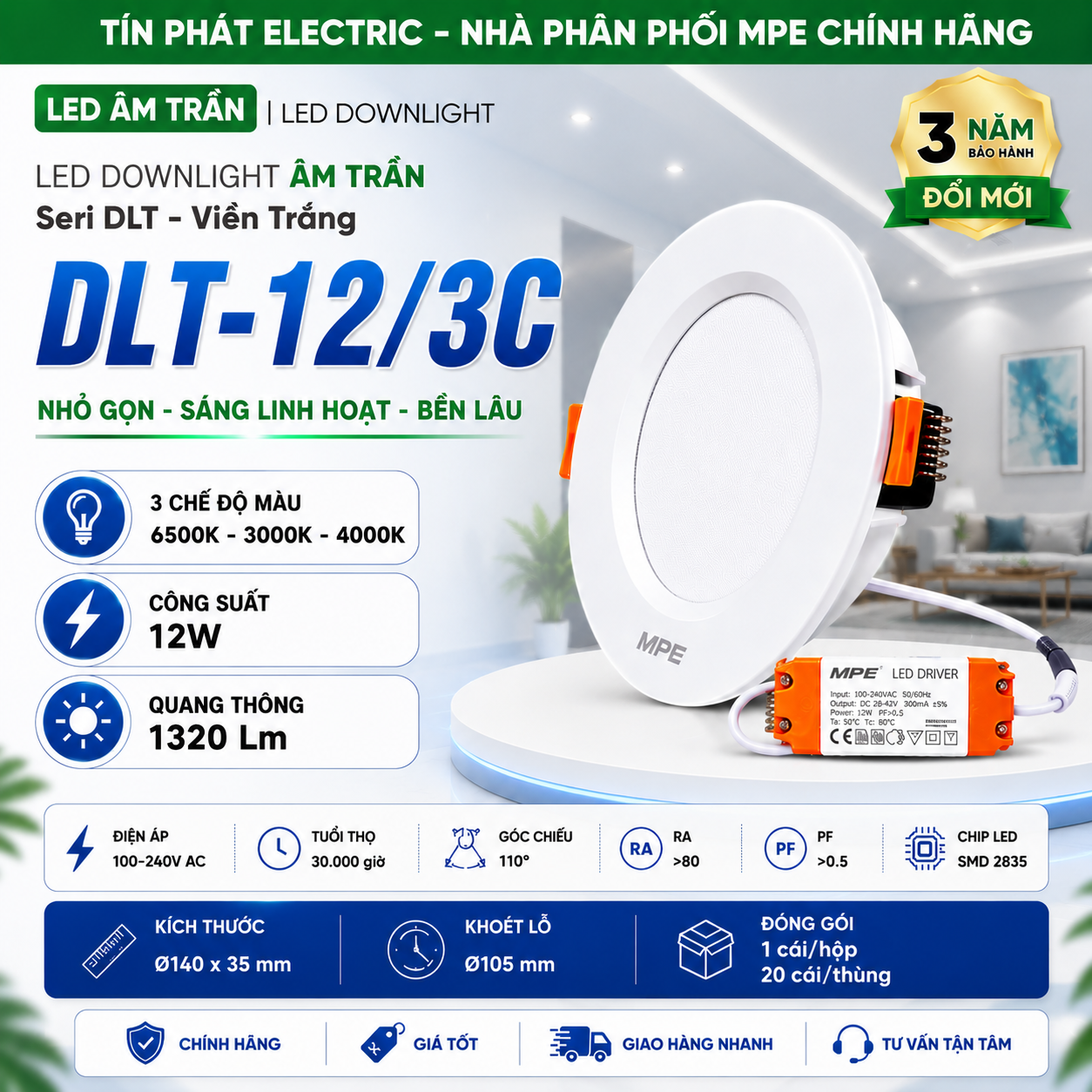 Đèn LED Downlight âm trần viền trắng MPE 12W 3 chế độ màu DLT-12/3C