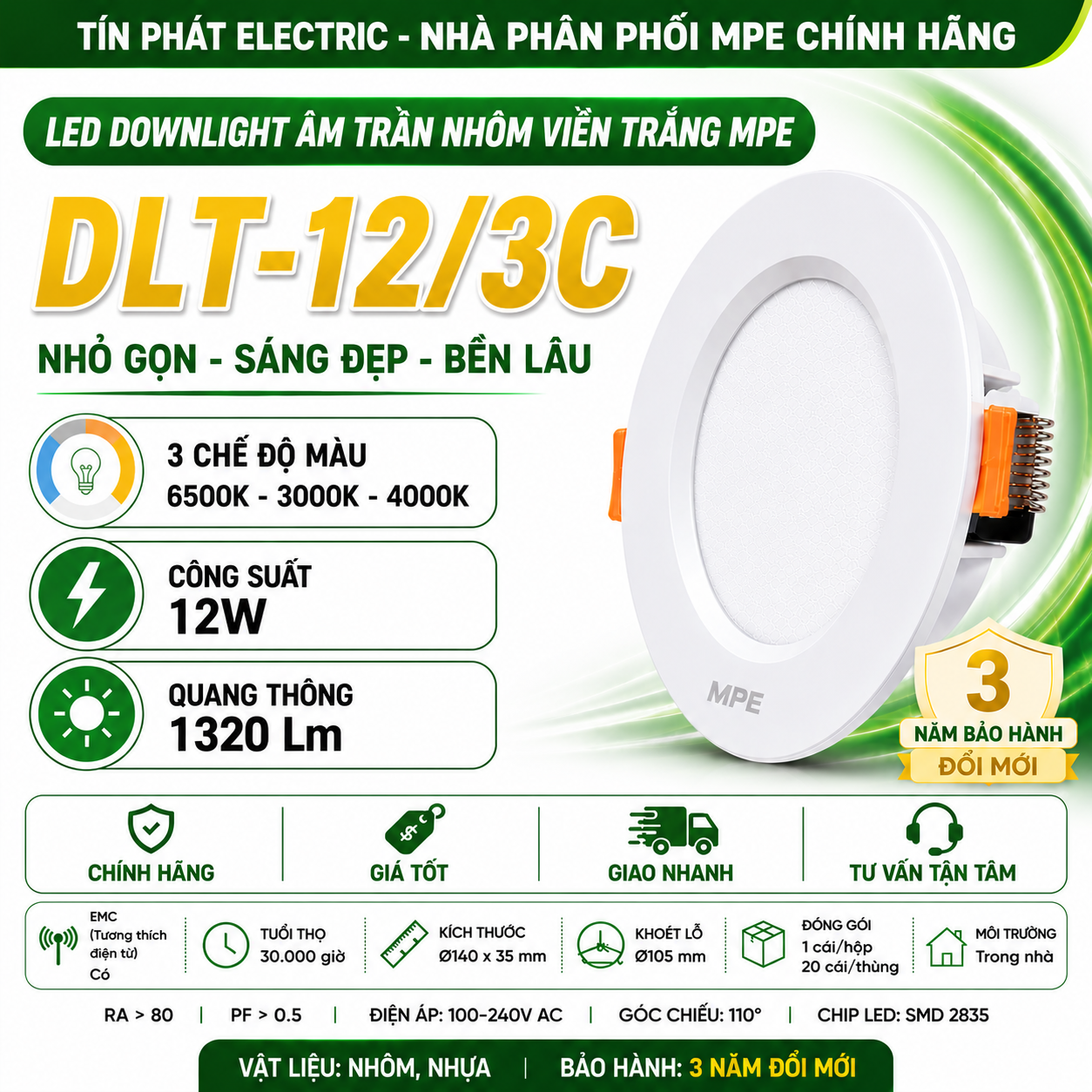 Đèn LED Downlight âm trần viền trắng MPE 12W 3 chế độ màu DLT-12/3C