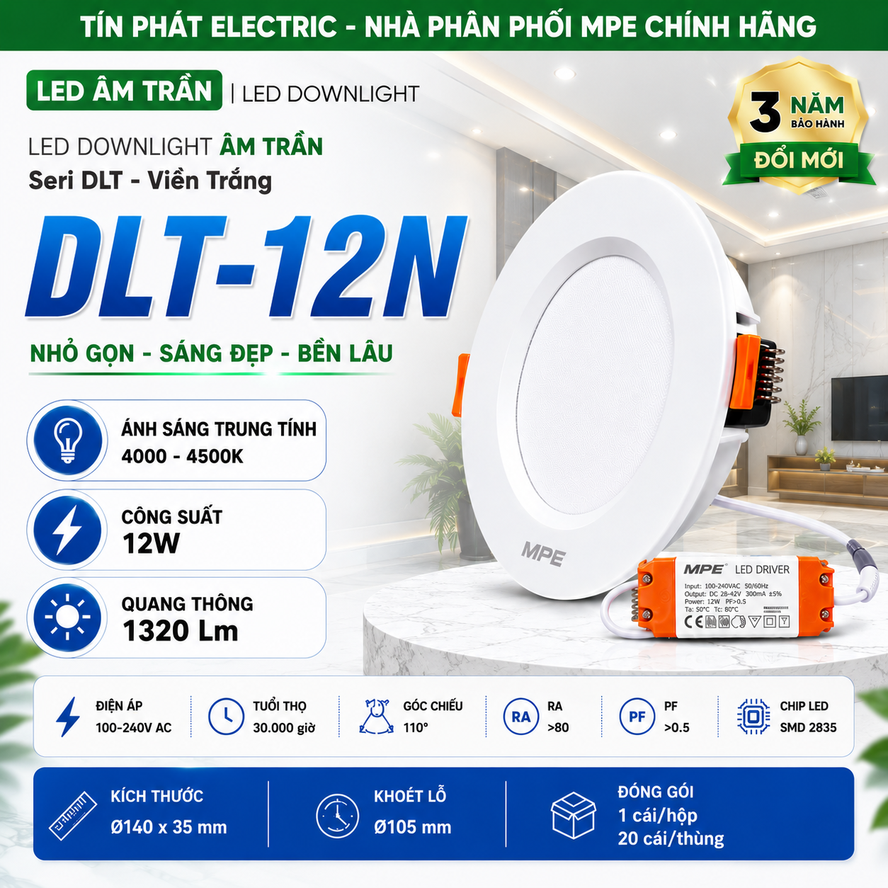 Đèn LED Downlight âm trần viền trắng MPE 12W ánh sáng trung tính DLT-12N