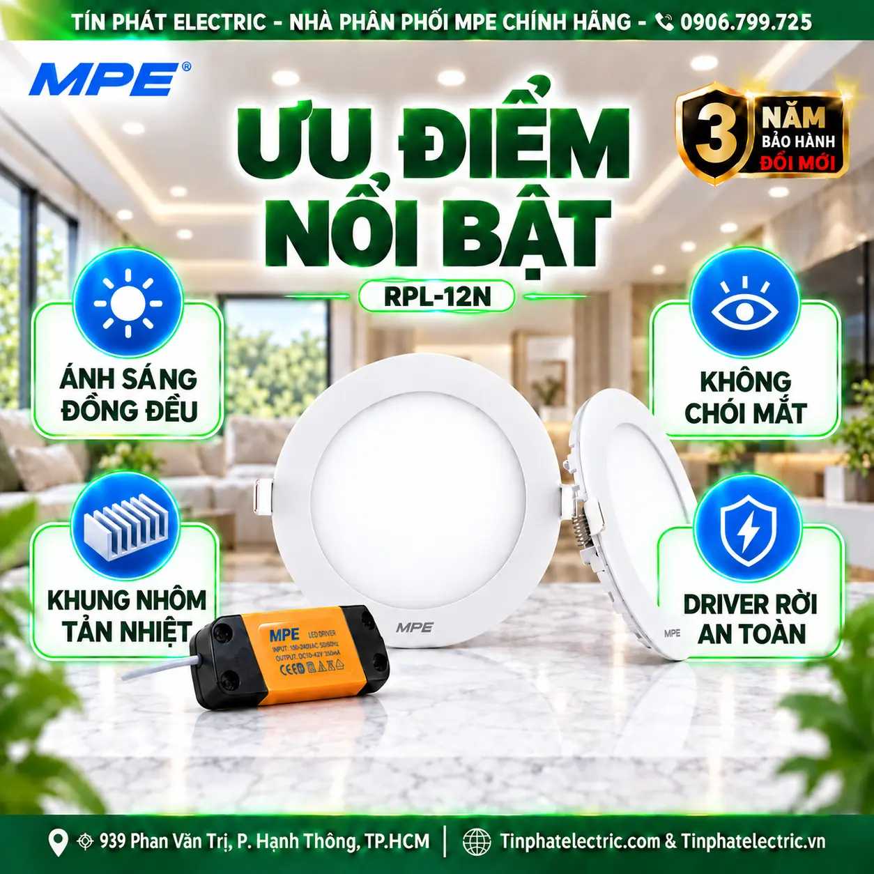 Đèn LED Panel Âm Trần Nhôm Mặt Tròn MPE RPL-12N 12W Ánh sáng trung tính