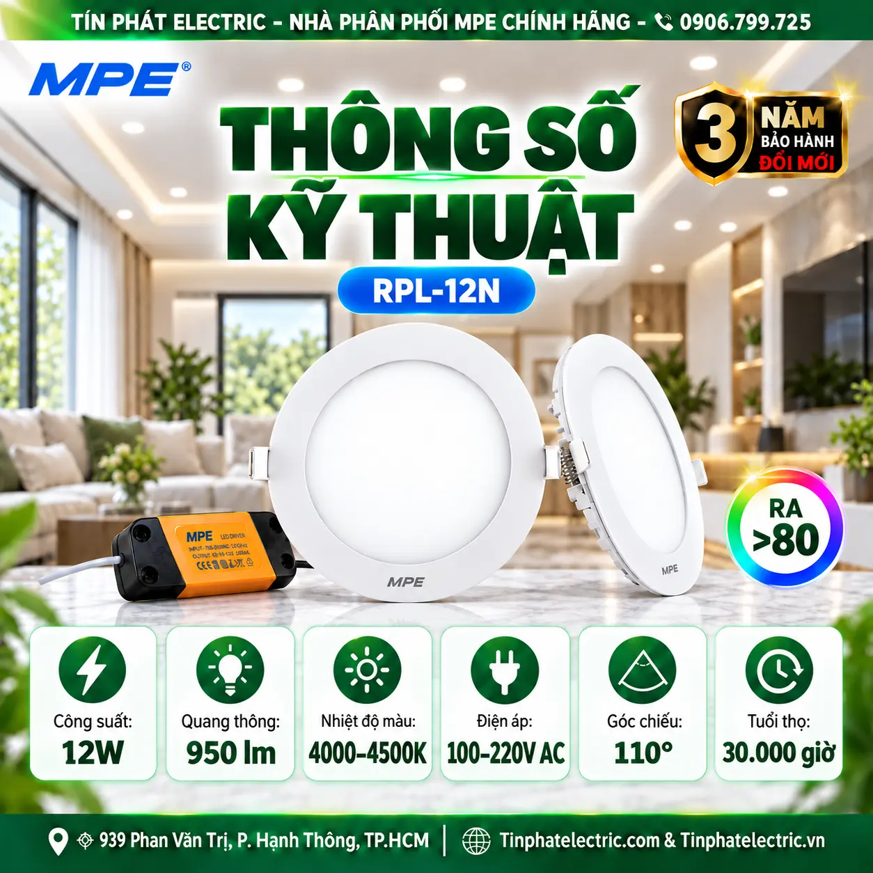 Đèn LED Panel Âm Trần Nhôm Mặt Tròn MPE RPL-12N 12W Ánh sáng trung tính