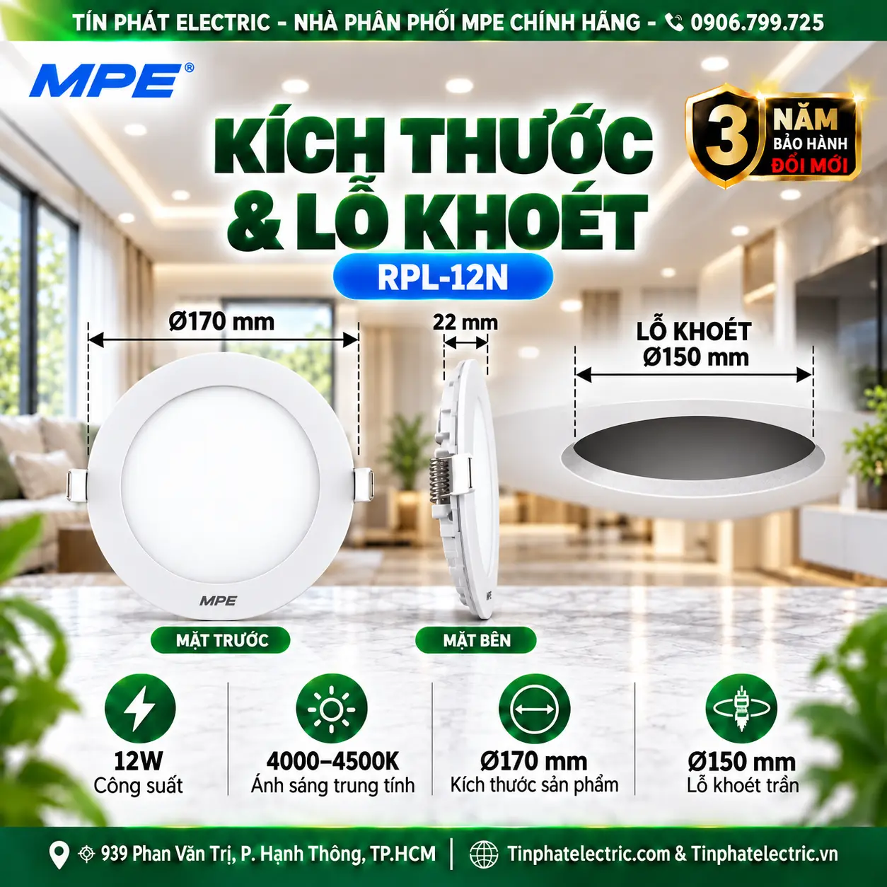 Đèn LED Panel Âm Trần Nhôm Mặt Tròn MPE RPL-12N 12W Ánh sáng trung tính