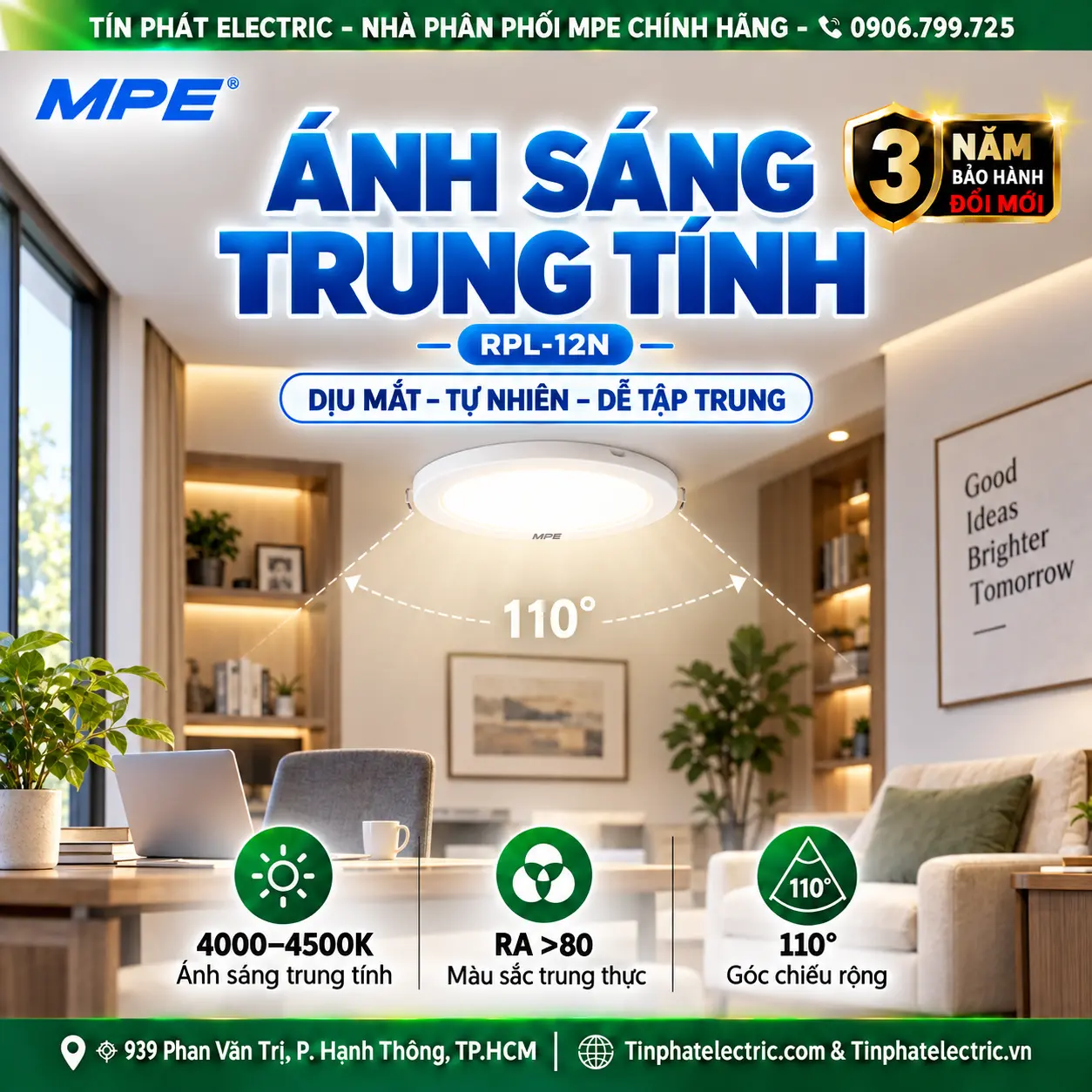 Đèn LED Panel Âm Trần Nhôm Mặt Tròn MPE RPL-12N 12W Ánh sáng trung tính