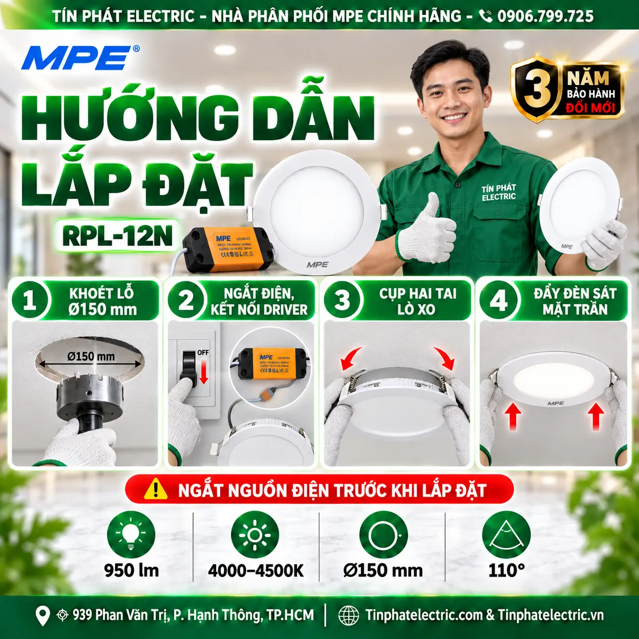 Đèn LED Panel Âm Trần Nhôm Mặt Tròn MPE RPL-12N 12W Ánh sáng trung tính