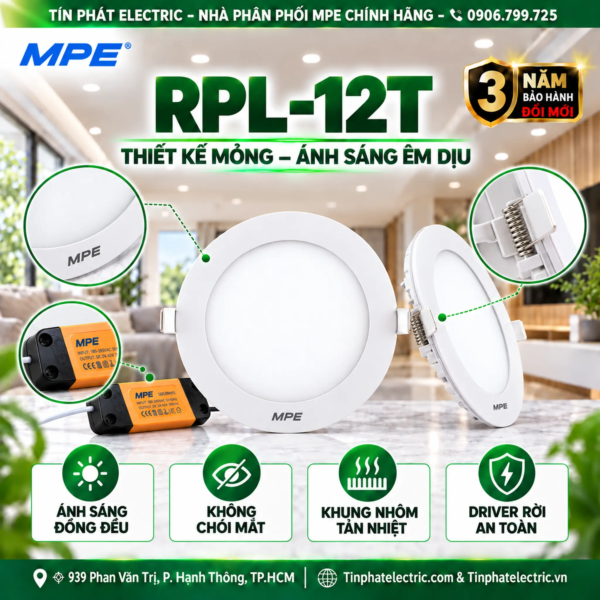 Đèn LED Panel Âm Trần Nhôm Mặt Tròn MPE RPL-12T 12W Ánh sáng trắng