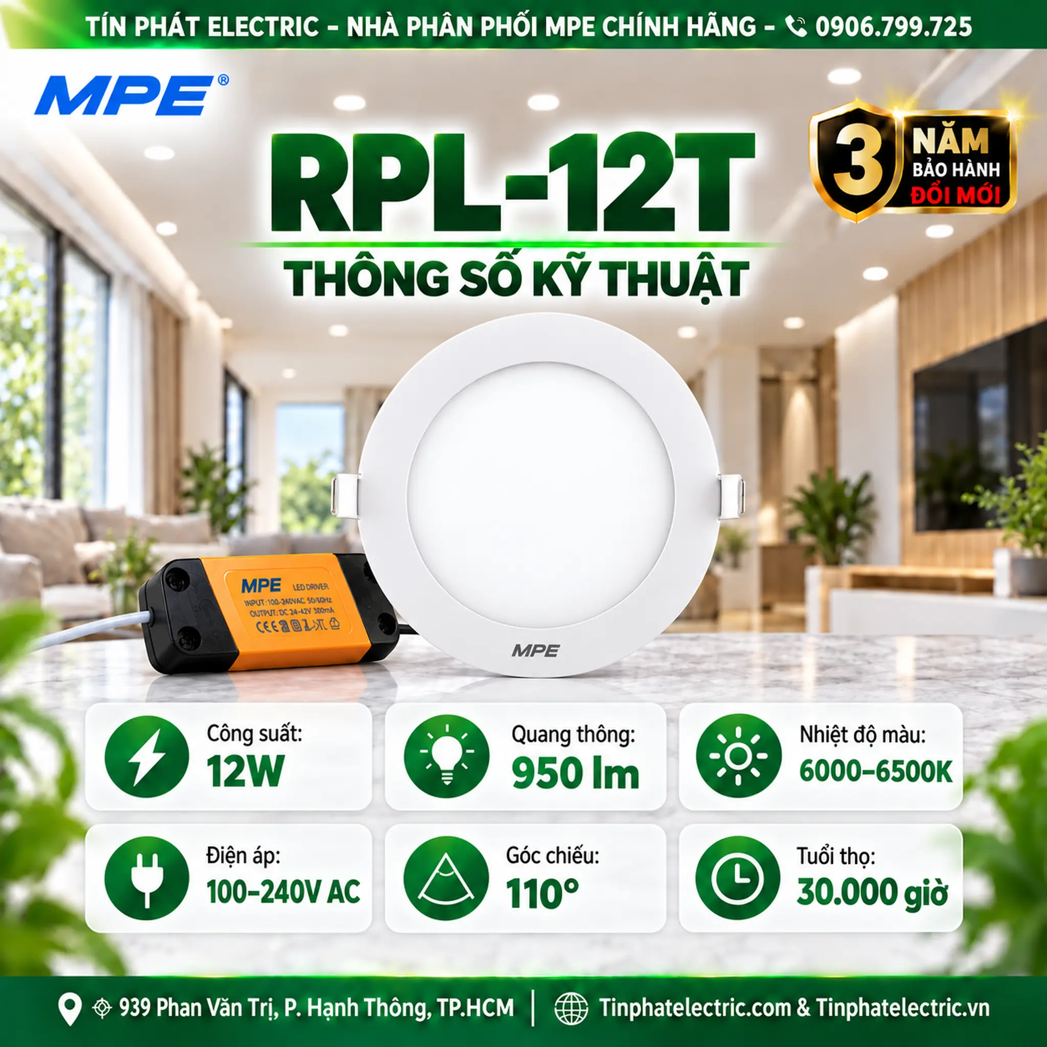 Đèn LED Panel Âm Trần Nhôm Mặt Tròn MPE RPL-12T 12W Ánh sáng trắng