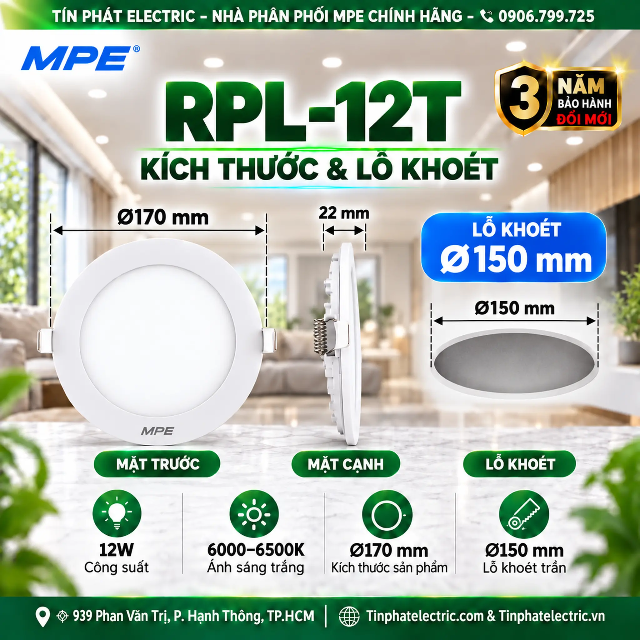 Đèn LED Panel Âm Trần Nhôm Mặt Tròn MPE RPL-12T 12W Ánh sáng trắng