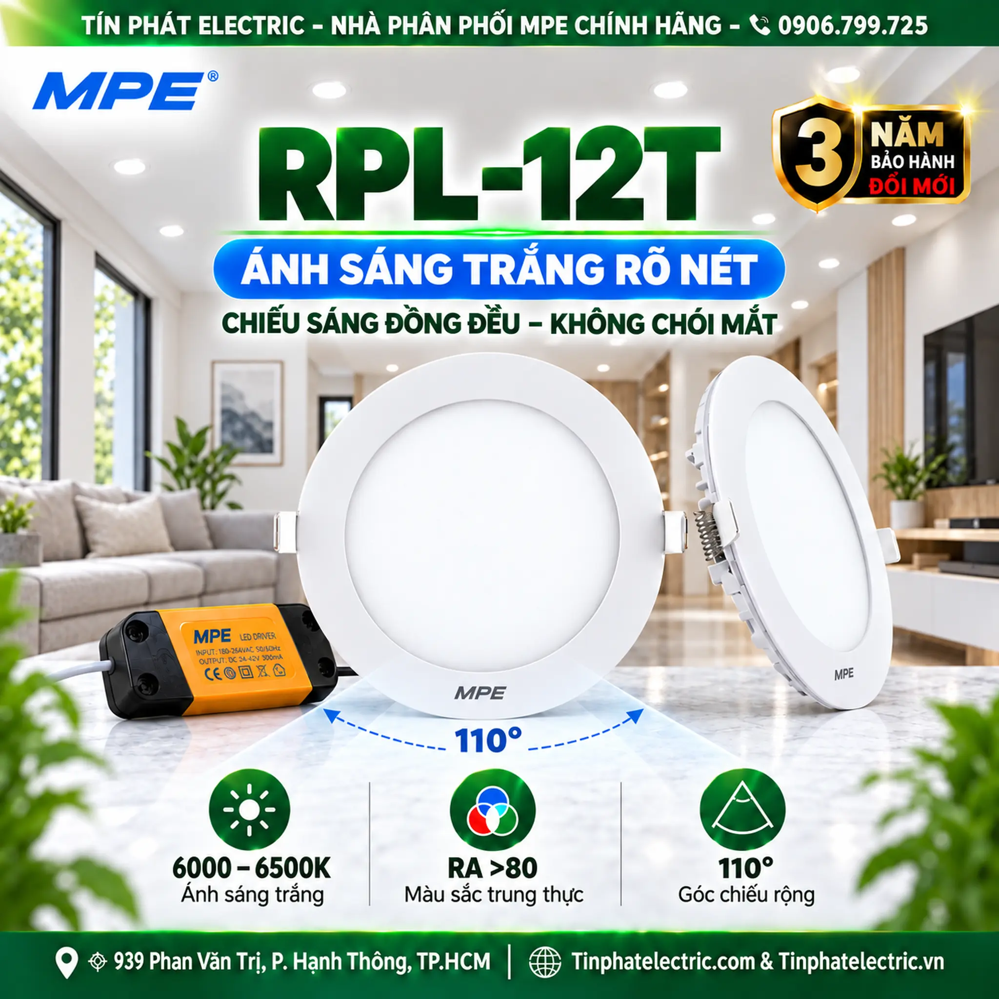 Đèn LED Panel Âm Trần Nhôm Mặt Tròn MPE RPL-12T 12W Ánh sáng trắng