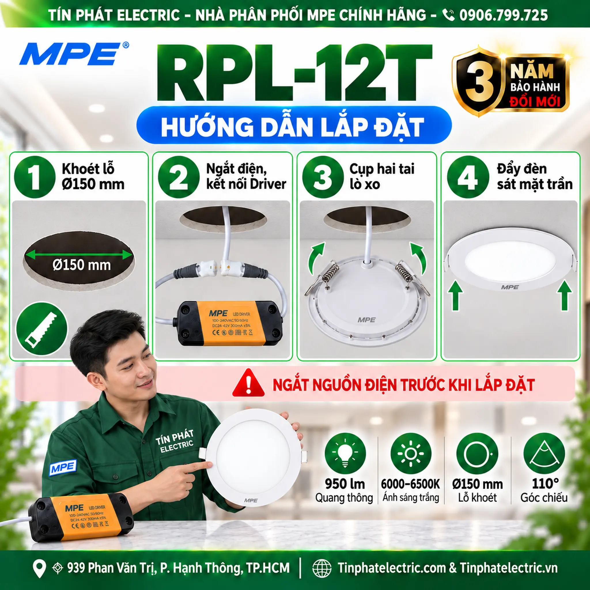 Đèn LED Panel Âm Trần Nhôm Mặt Tròn MPE RPL-12T 12W Ánh sáng trắng