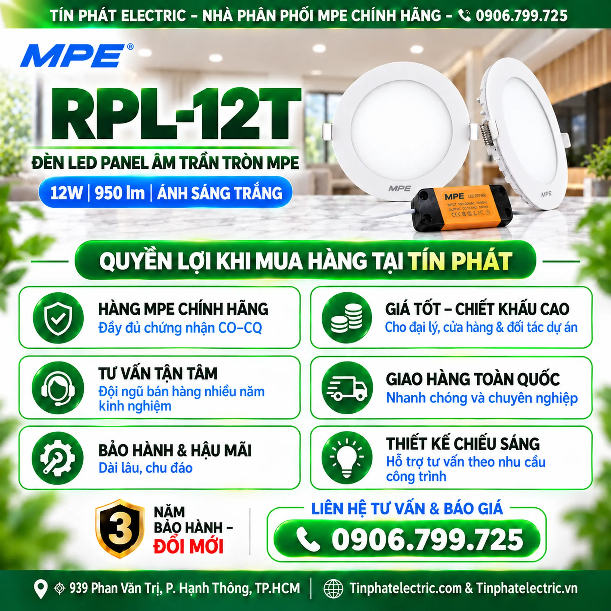Đèn LED Panel Âm Trần Nhôm Mặt Tròn MPE RPL-12T 12W Ánh sáng trắng