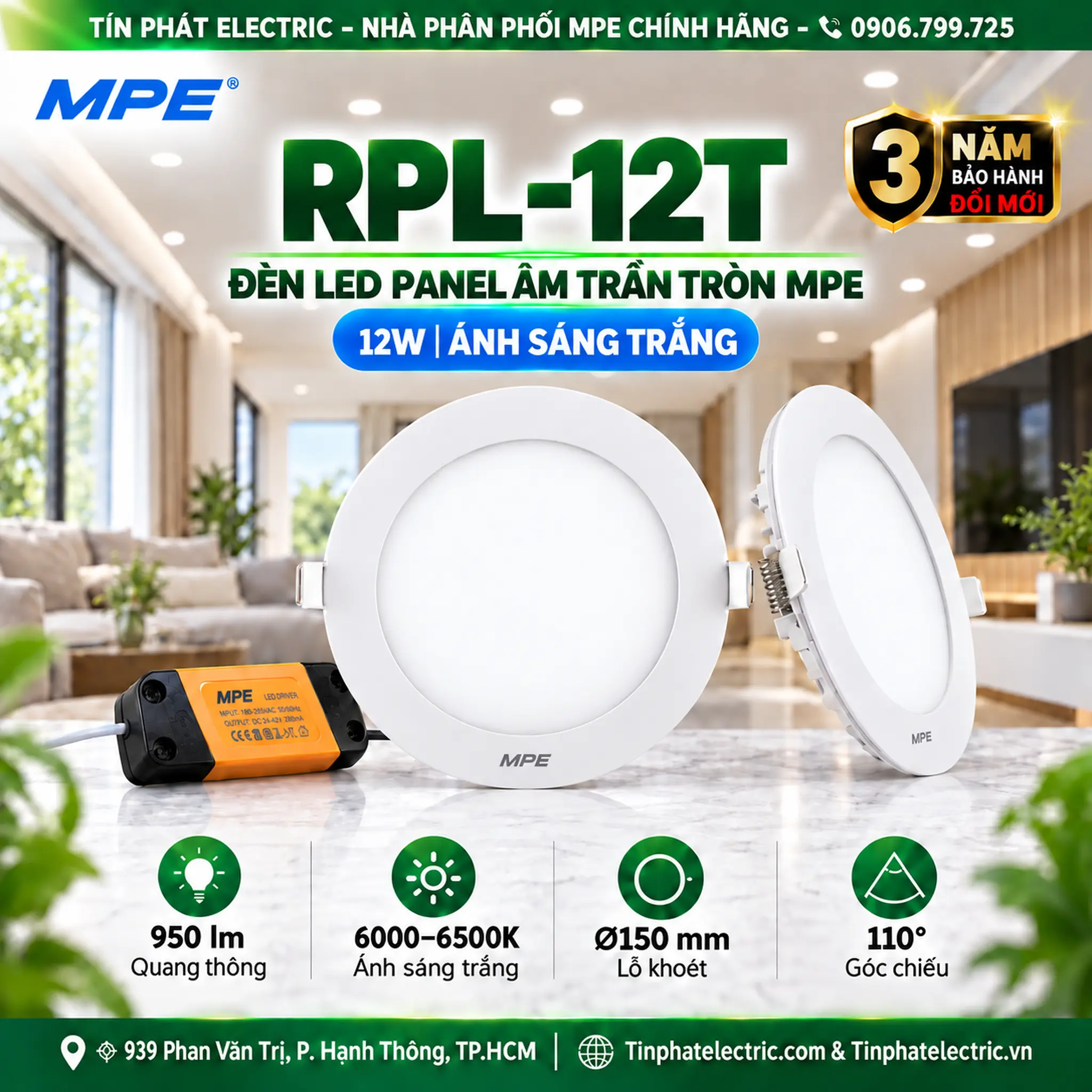 Đèn LED Panel Âm Trần Nhôm Mặt Tròn MPE RPL-12T 12W Ánh sáng trắng