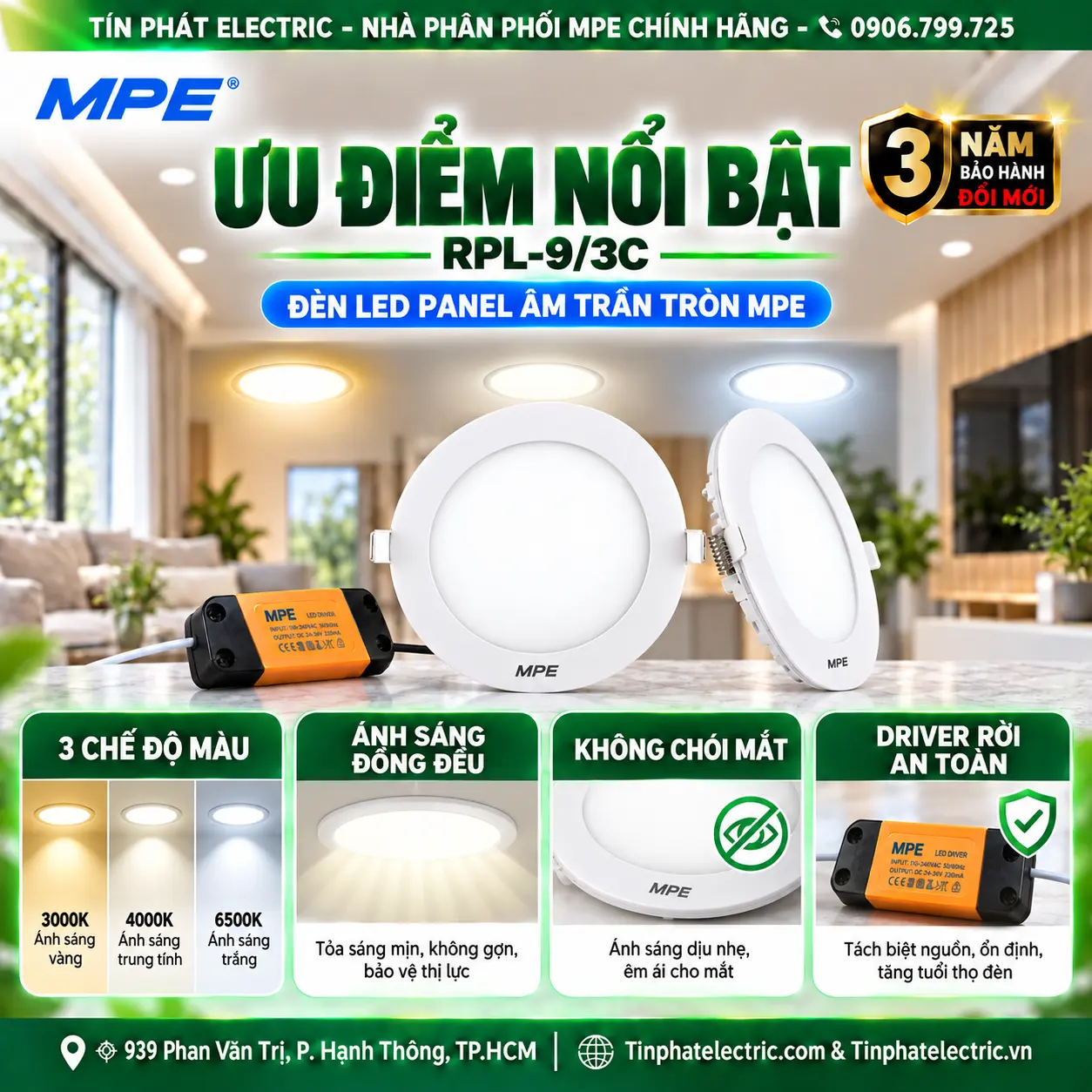 Đèn LED Panel Âm Trần Nhôm Mặt Tròn MPE RPL-9/3C 9W 3 chế độ màu