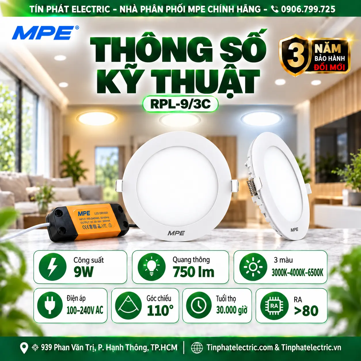 Đèn LED Panel Âm Trần Nhôm Mặt Tròn MPE RPL-9/3C 9W 3 chế độ màu