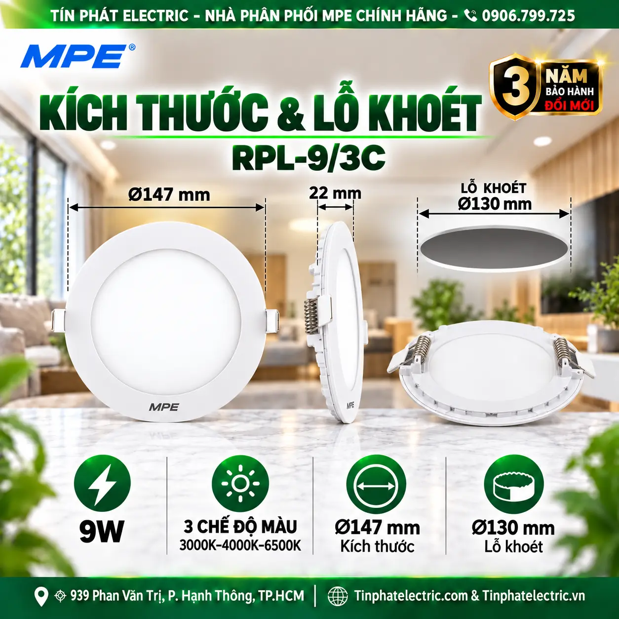 Đèn LED Panel Âm Trần Nhôm Mặt Tròn MPE RPL-9/3C 9W 3 chế độ màu