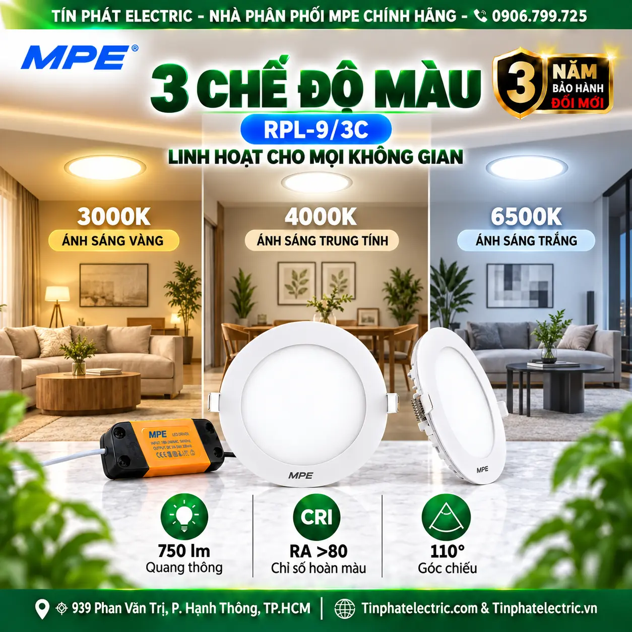 Đèn LED Panel Âm Trần Nhôm Mặt Tròn MPE RPL-9/3C 9W 3 chế độ màu