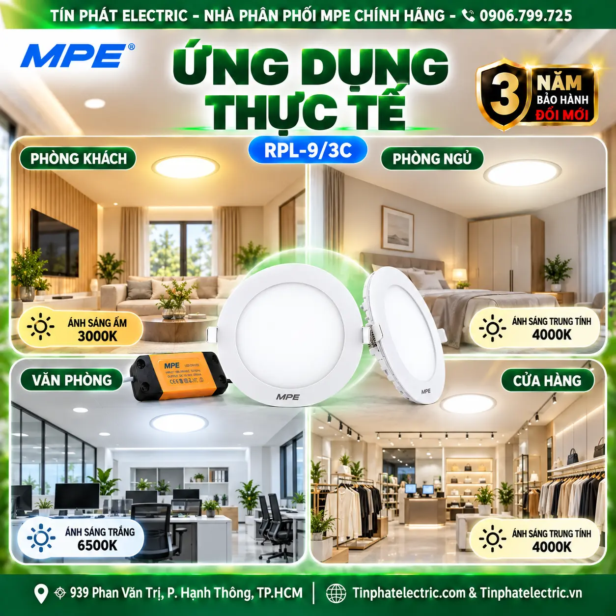 Đèn LED Panel Âm Trần Nhôm Mặt Tròn MPE RPL-9/3C 9W 3 chế độ màu