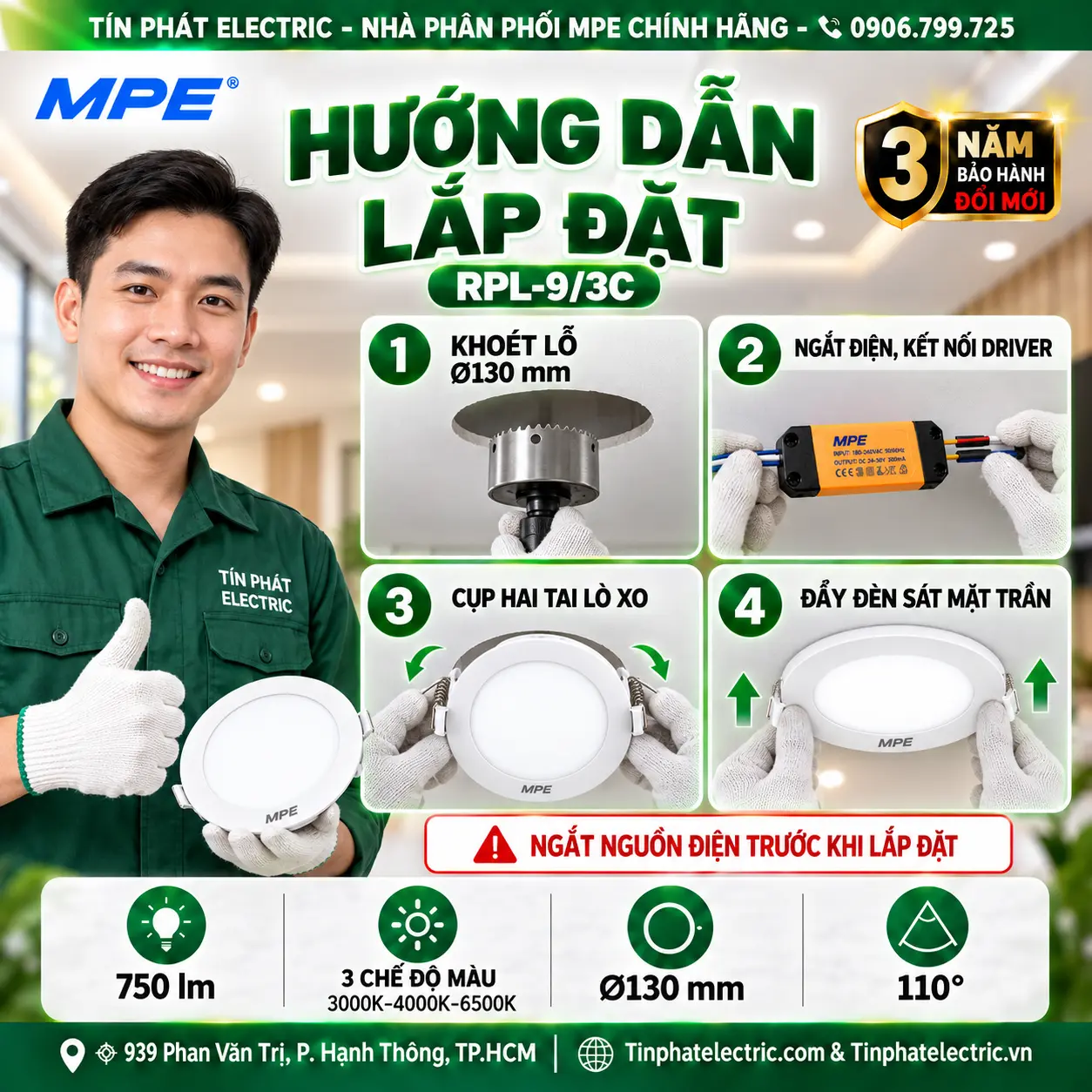 Đèn LED Panel Âm Trần Nhôm Mặt Tròn MPE RPL-9/3C 9W 3 chế độ màu
