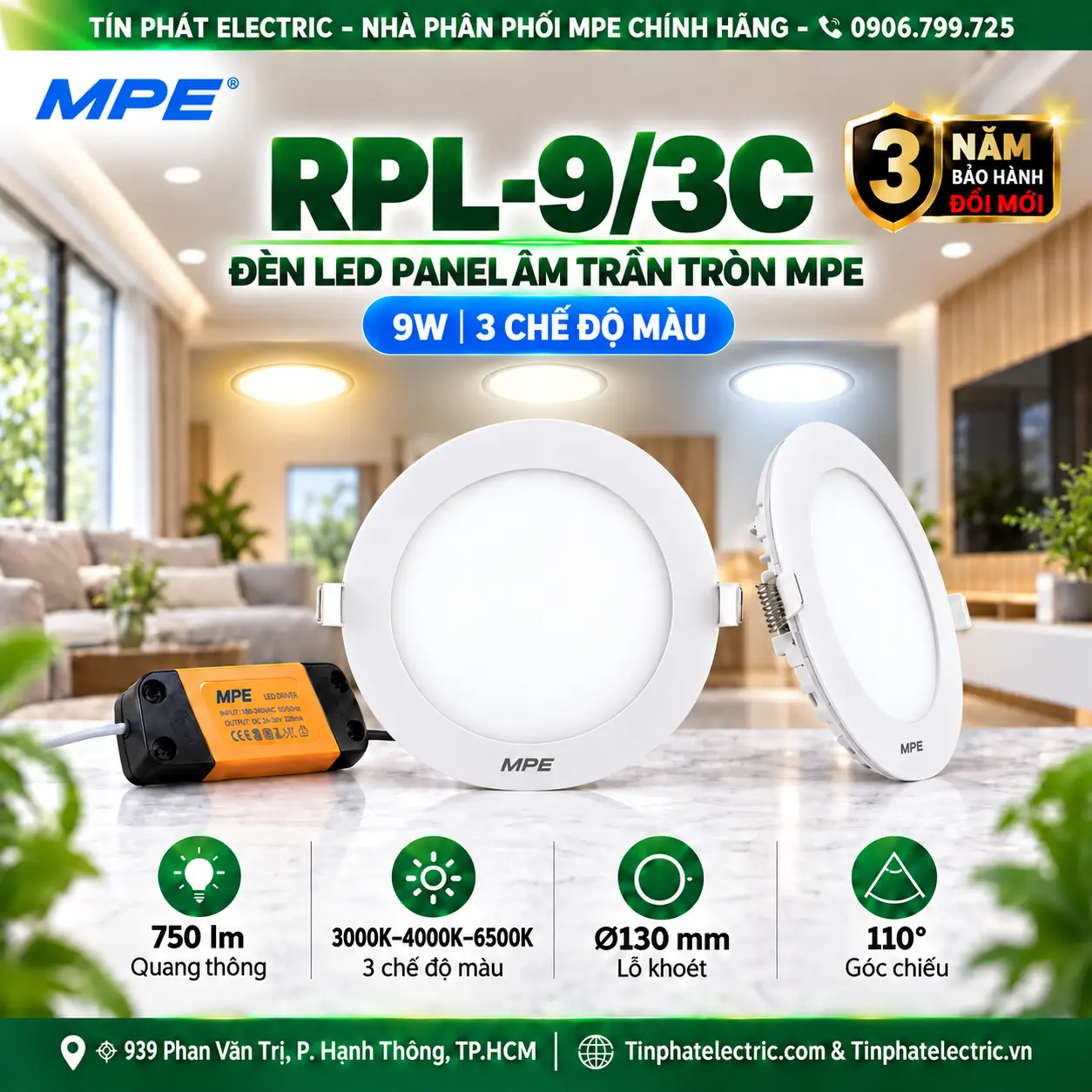 Đèn LED Panel Âm Trần Nhôm Mặt Tròn MPE RPL-9/3C 9W 3 chế độ màu