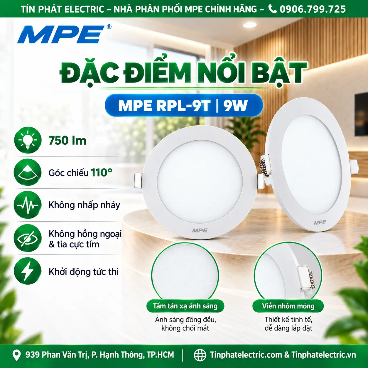 Đèn LED Panel Âm Trần Nhôm Mặt Tròn MPE RPL-9T 9W Ánh sáng trắng