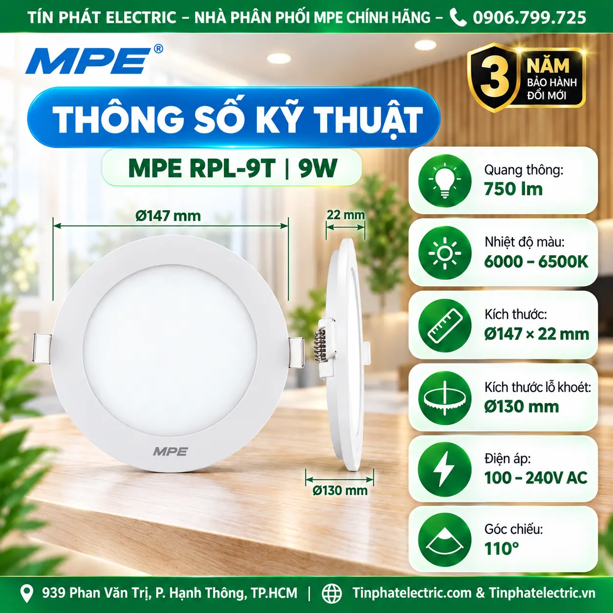 Đèn LED Panel Âm Trần Nhôm Mặt Tròn MPE RPL-9T 9W Ánh sáng trắng