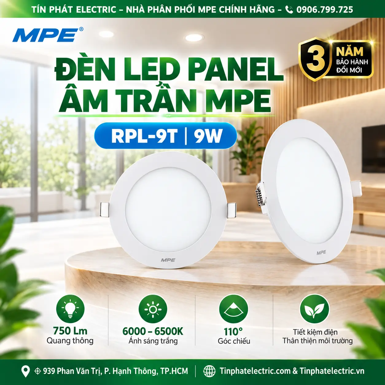 Đèn LED Panel Âm Trần Nhôm Mặt Tròn MPE RPL-9T 9W Ánh sáng trắng