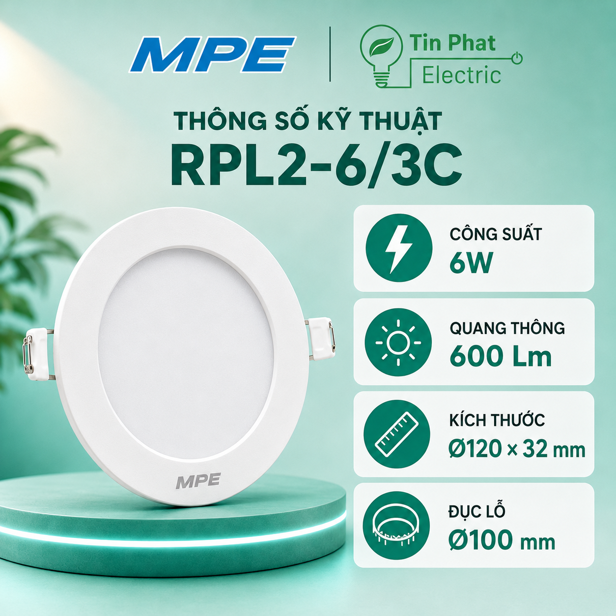 Đèn LED Panel âm trần nhựa mặt tròn MPE RPL2-6/3C 6W 3 chế độ màu