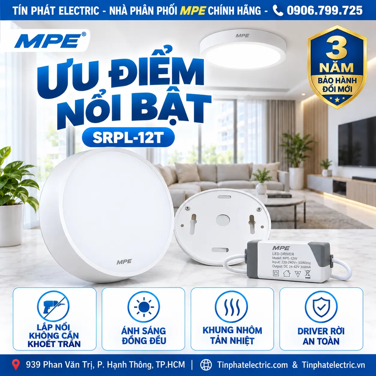 Đèn LED Panel Tròn Ốp Nổi MPE SRPL-12T 12W Ánh sáng trắng