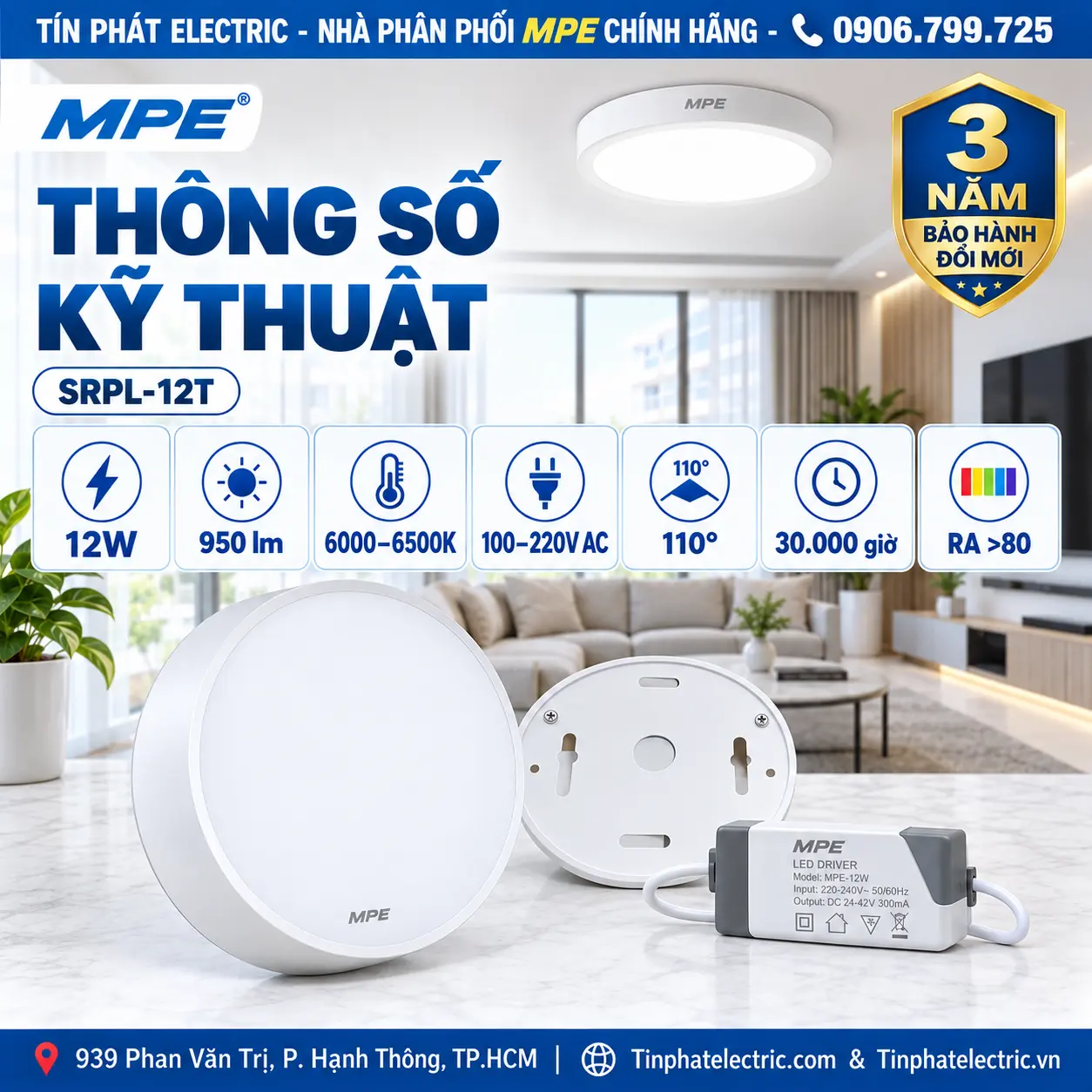 Đèn LED Panel Tròn Ốp Nổi MPE SRPL-12T 12W Ánh sáng trắng