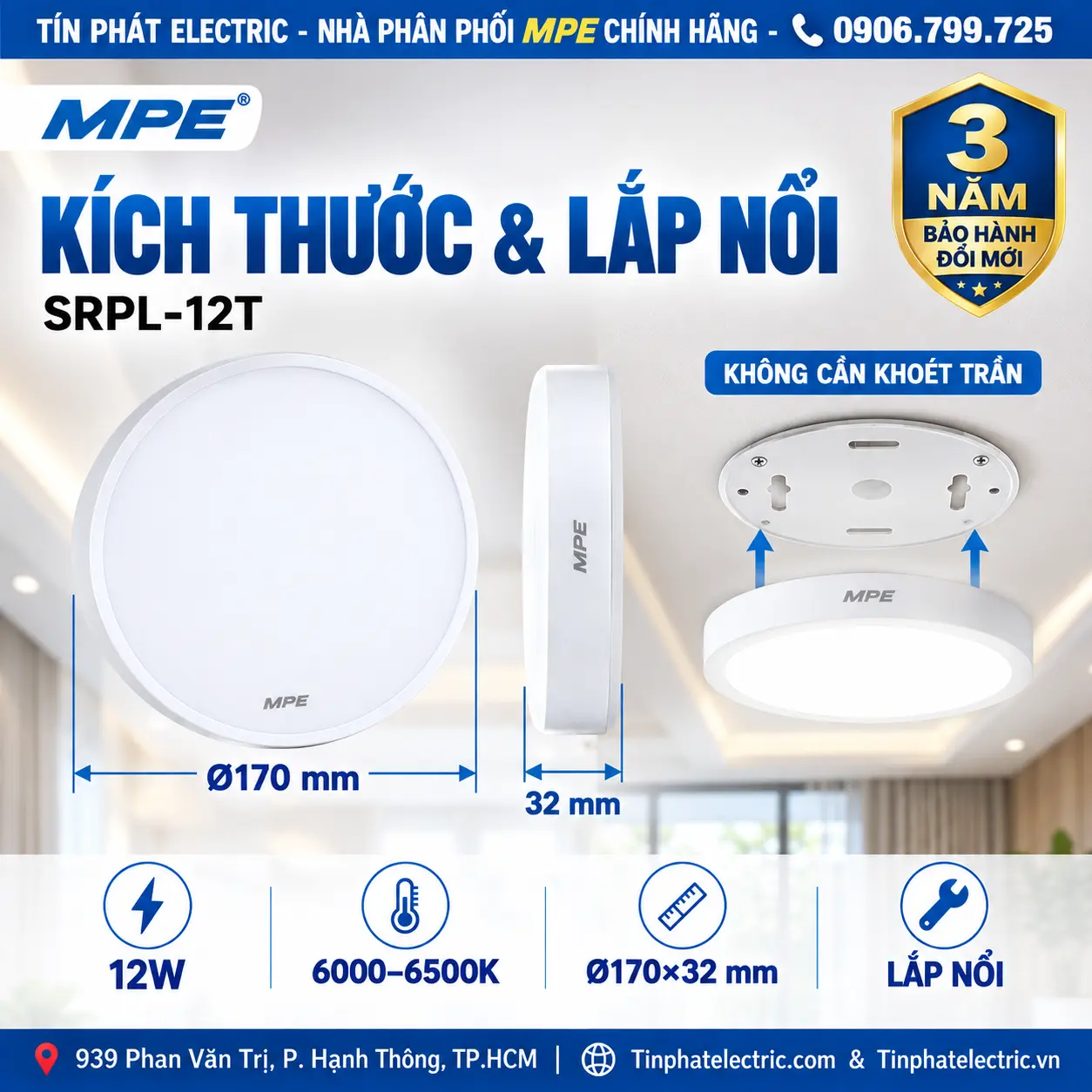 Đèn LED Panel Tròn Ốp Nổi MPE SRPL-12T 12W Ánh sáng trắng