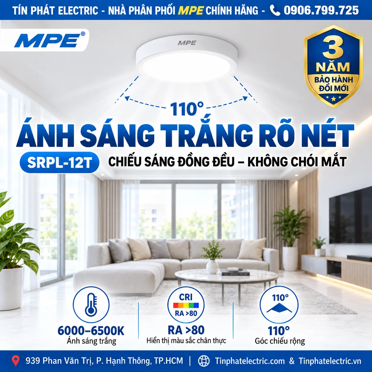Đèn LED Panel Tròn Ốp Nổi MPE SRPL-12T 12W Ánh sáng trắng