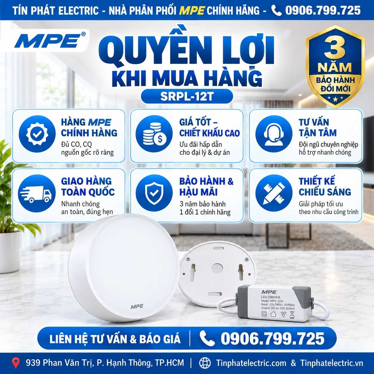 Đèn LED Panel Tròn Ốp Nổi MPE SRPL-12T 12W Ánh sáng trắng