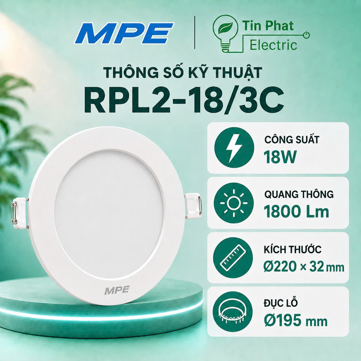 Đèn LED Panel âm trần nhựa mặt tròn MPE RPL2-18/3C 18W 3 chế độ màu