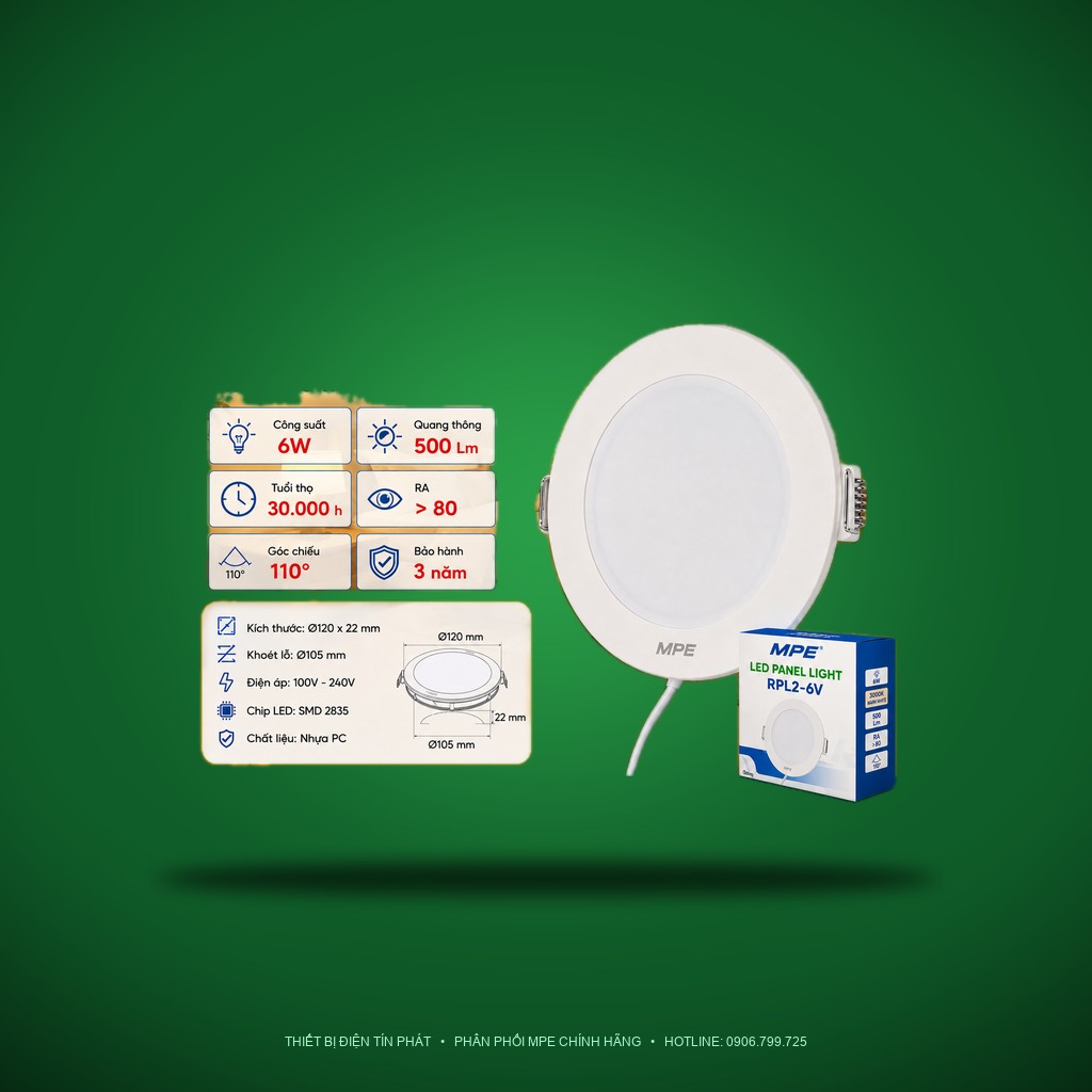Đèn LED Panel âm trần nhựa mặt tròn MPE RPL2-6V 6W Ánh sáng vàng