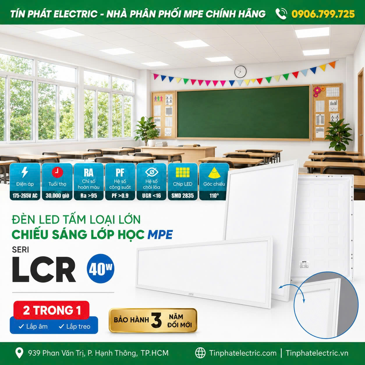 Đèn LED Panel chiếu sáng lớp học MPE 40W RA>95 UGR<16 600x600mm LCR-6060T