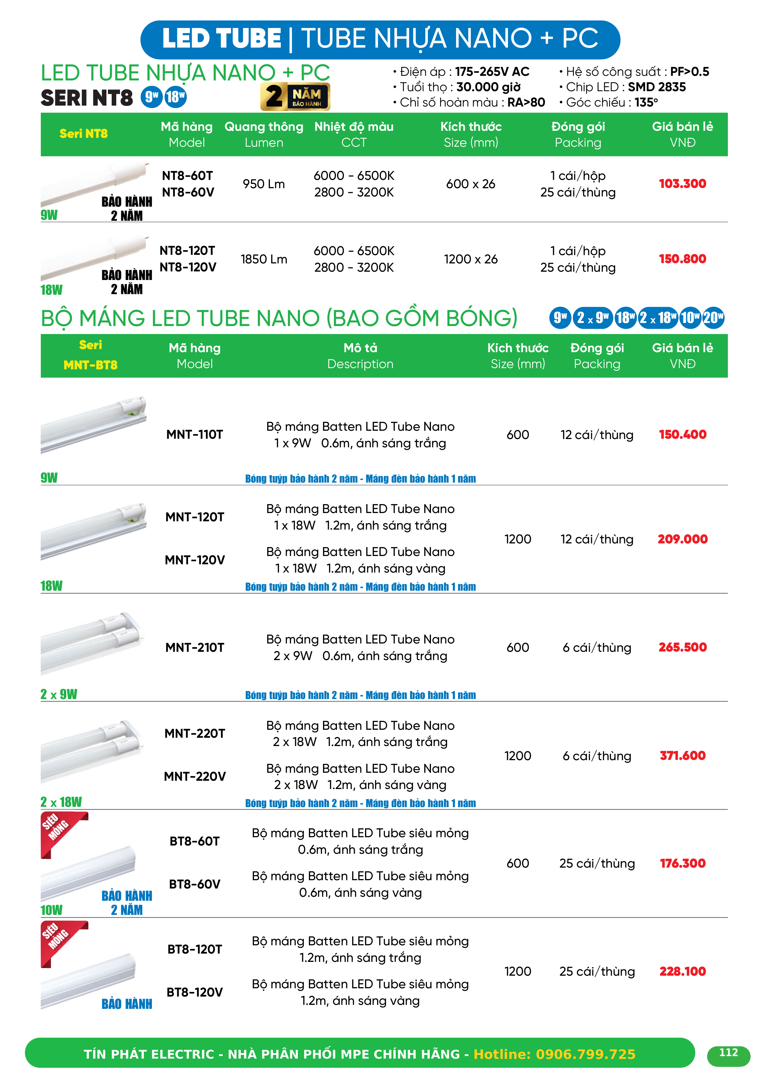 Đèn LED Tube T8 Nano + PC MPE 1,2m 18W ánh sáng trắng NT8-120T
