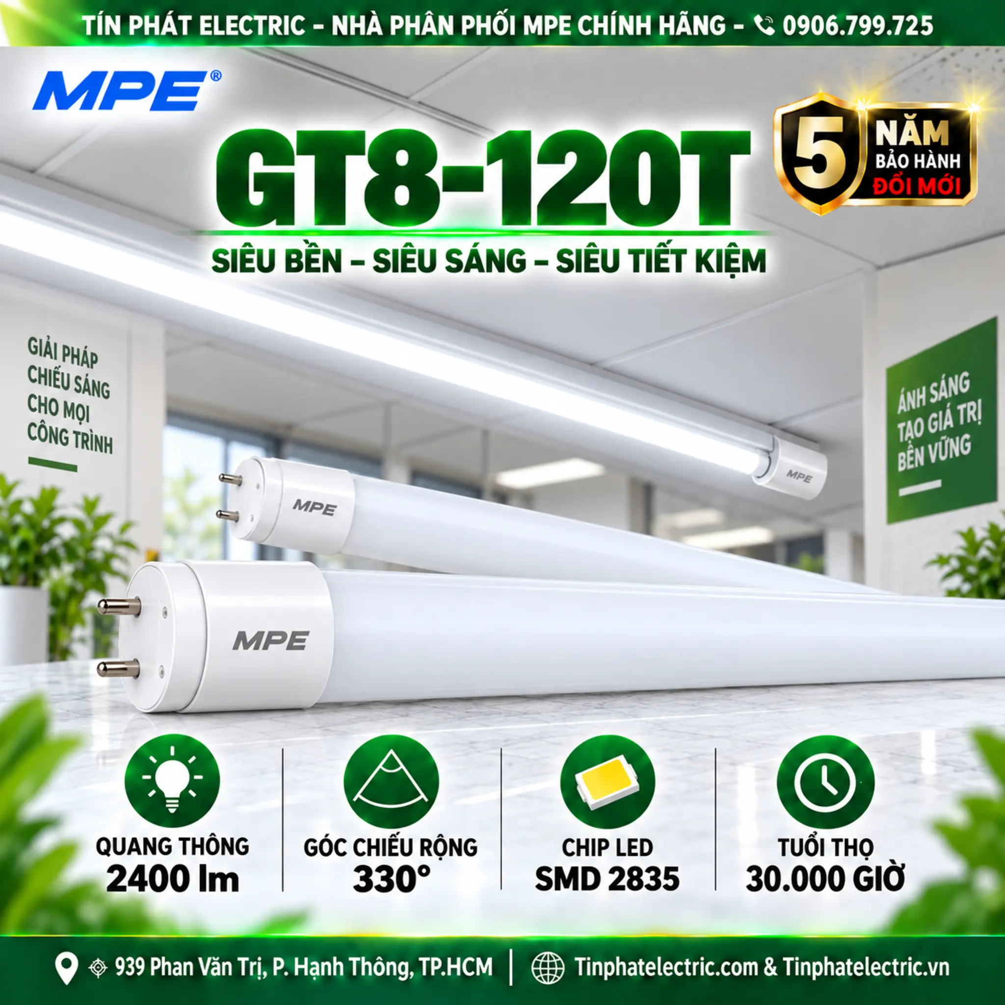 Đèn LED Tube Thủy Tinh MPE 1,2m 18W ánh sáng trắng GT8-120T