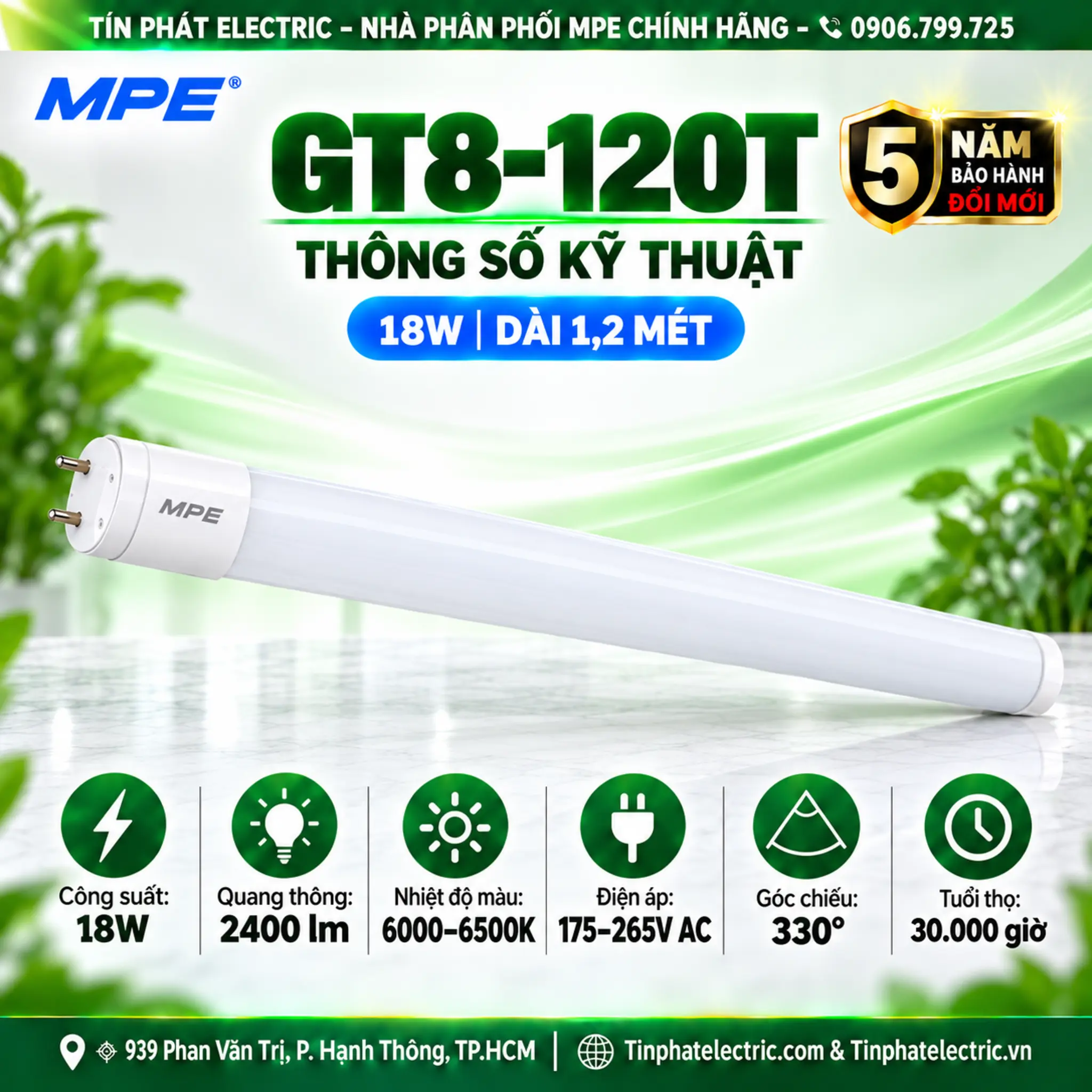 Đèn LED Tube Thủy Tinh MPE 1,2m 18W ánh sáng trắng GT8-120T
