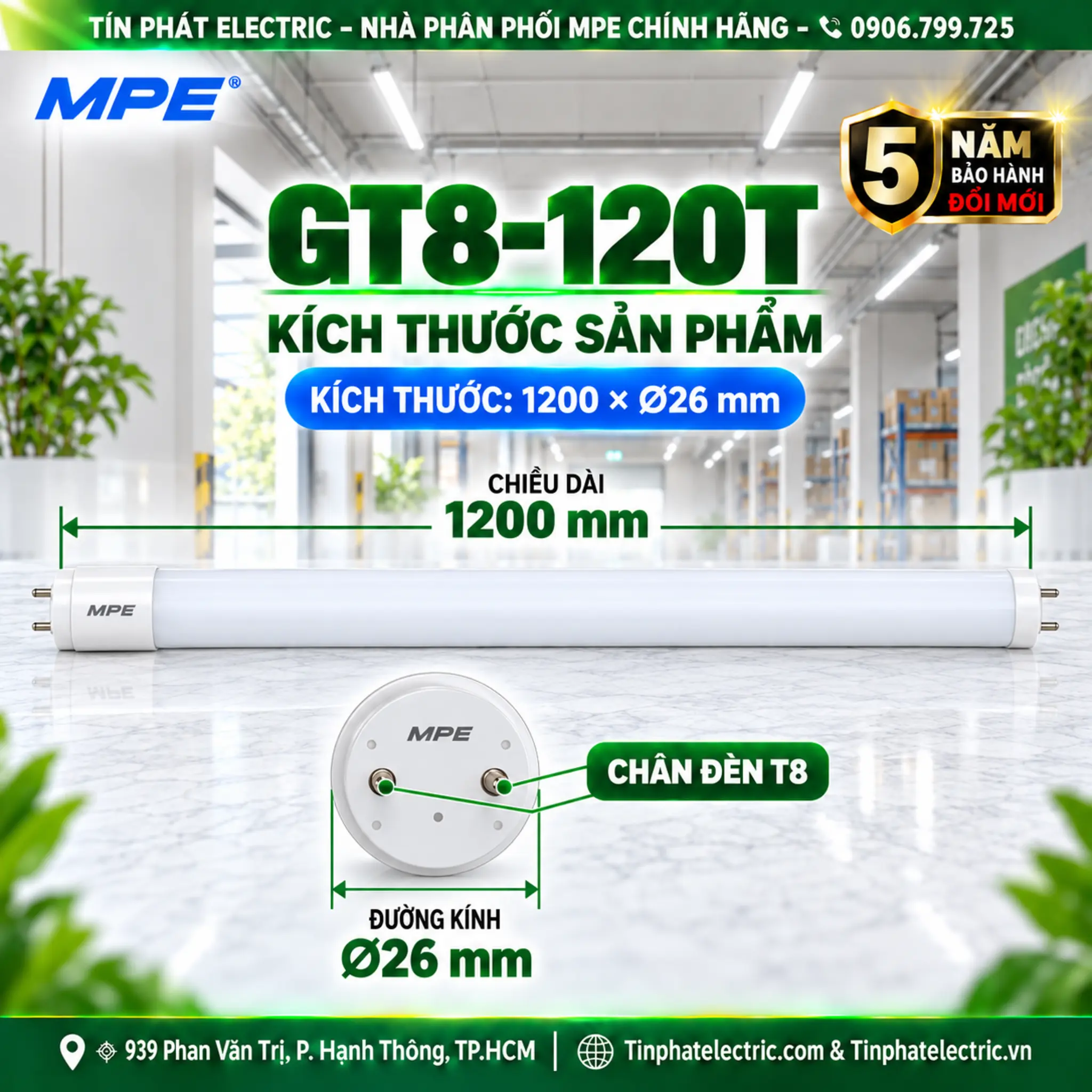 Đèn LED Tube Thủy Tinh MPE 1,2m 18W ánh sáng trắng GT8-120T